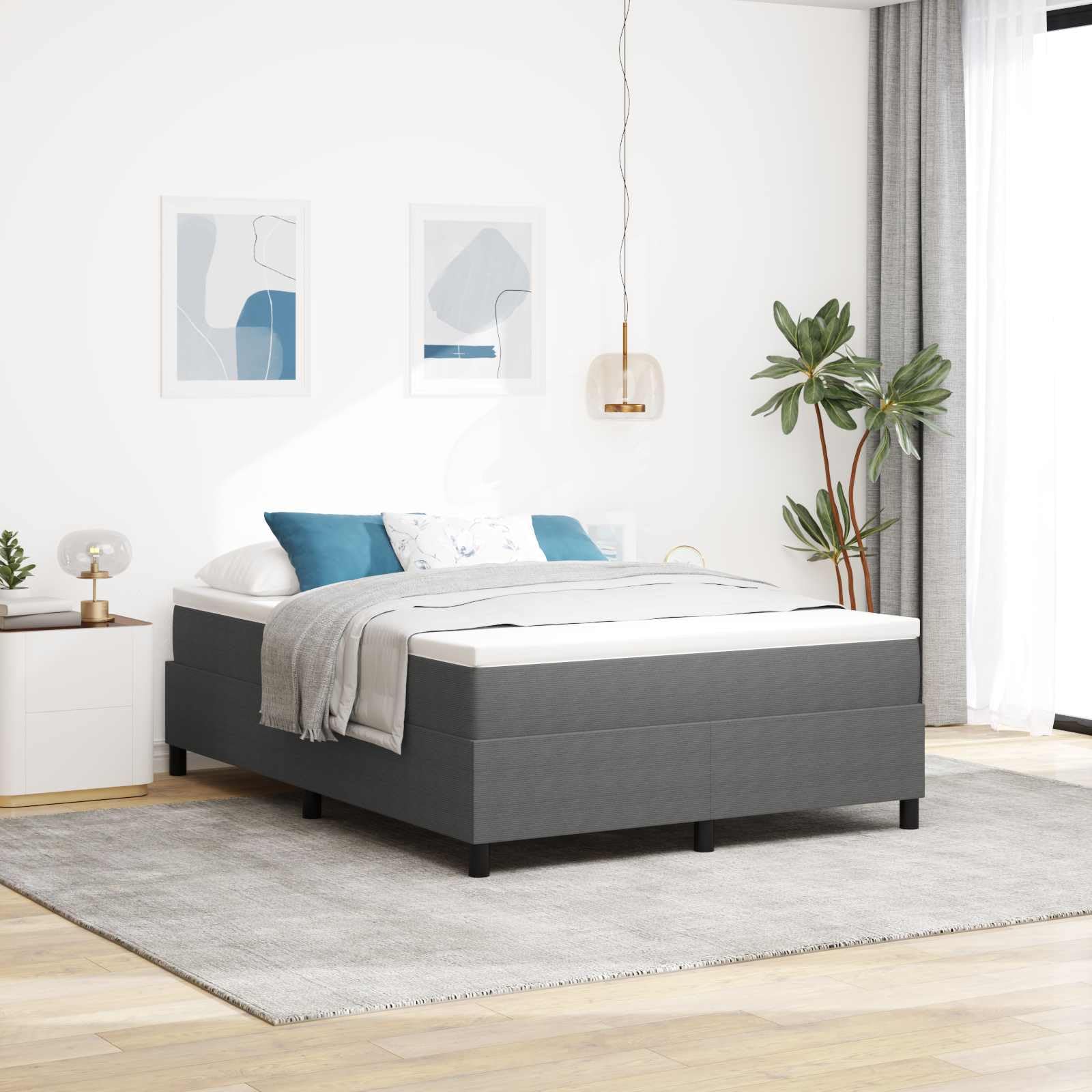 Estructura de cama de 140 x 200 cm de color gris claro de pana con somier de listones y postes, diseño moderno para un fácil montaje
