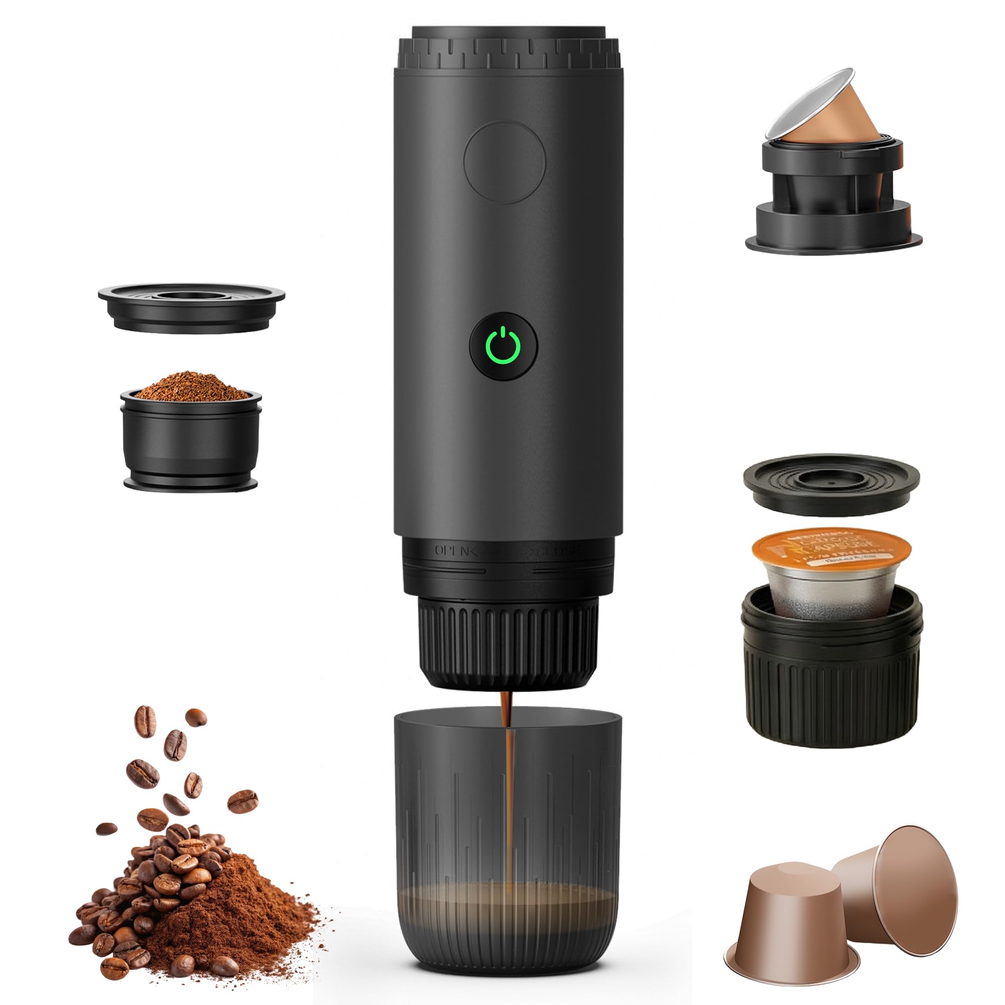 Bostar Cafetera Espresso Portátil 3 en 1, Eléctrica Portátil Calentamiento Rápido Cafetera Compatible con Cápsulas y Café Molido para Camping Coche Viajes y Oficina (Negro)