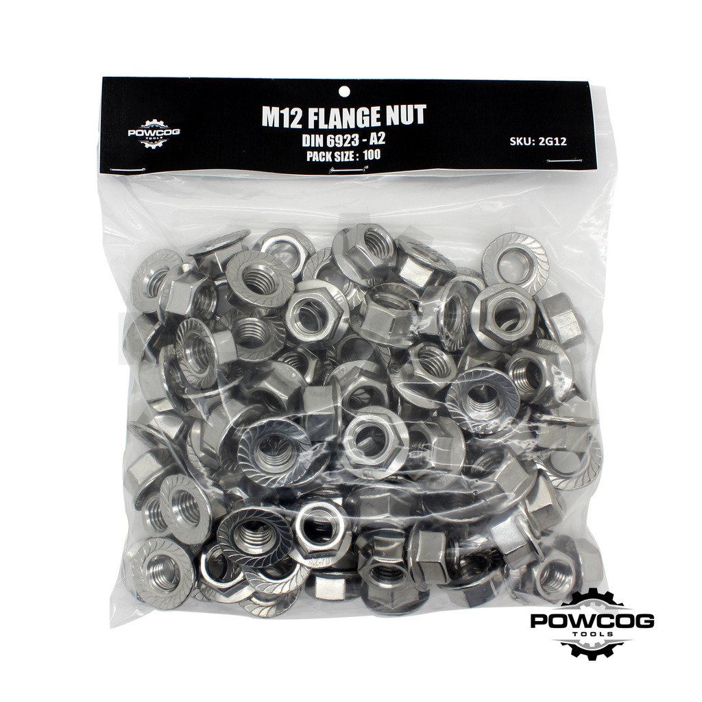 M12 Serrated Flange NUT - A2 Grade 304 Stainless Steel 12mm Metric Hexagon Nuts - DIN 6923 - by POWCOG® - Pack of 100
