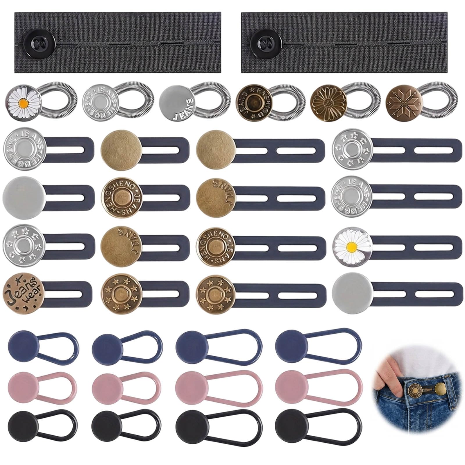 Button Extender for Trousers, Waist Extender for Trousers, Waistband Extender for Adjustable Fit, Set of 36 Pieces, Easy Installation for Jeans and Trousers, Durable Metal Construction