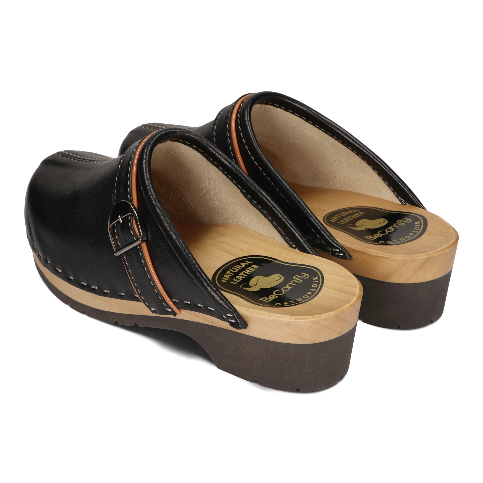 BeComfy Sabots en Cuir pour Femmes avec Semelle en Bois Noir Bleu 35-41 EU
