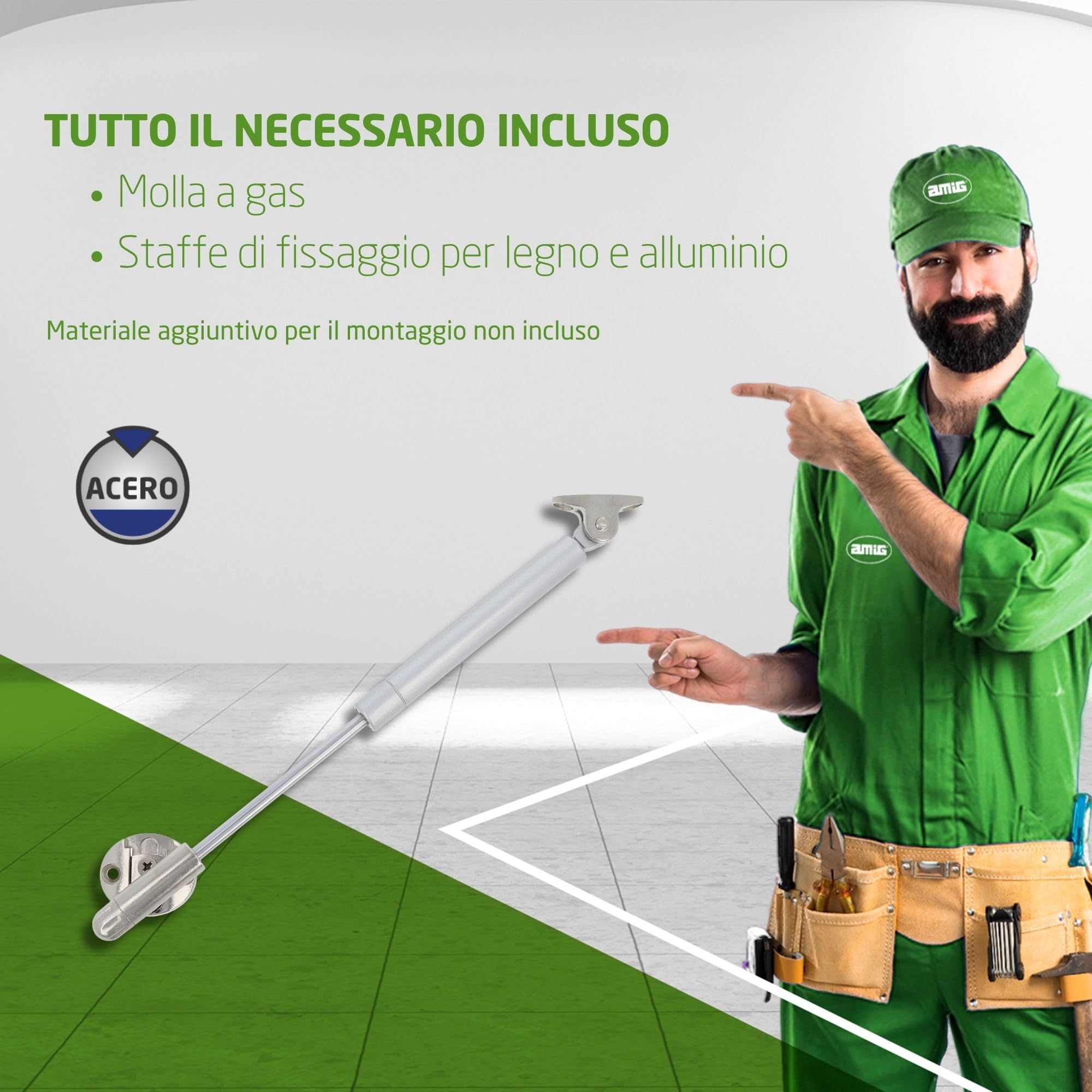 Amig - Bussola a gas per sollevare porte apribili - Mod.98 - Resistenza di carico: 12 kg - Ammortizzatore regolabile per apertura verso l'alto senza impatto - Argento