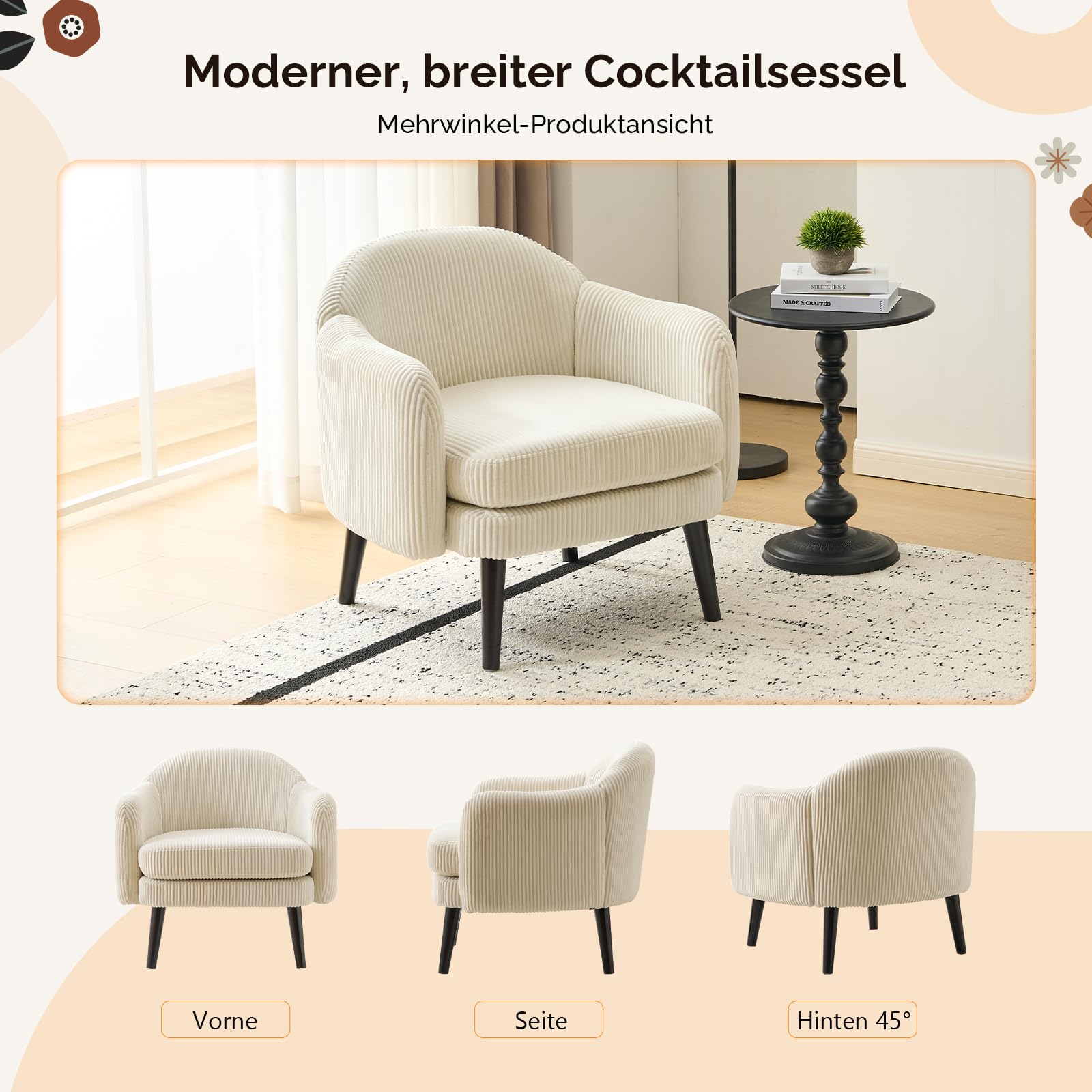Bonnlo Sessel, Gepolsterter Cocktailsessel, Lesesessel, Clubsessel, Moderner Loungesessel für Wohnzimmer, Schlafzimmer, Büro oder Wartebereich, belastbar bis 113 kg, Feincord, Beige