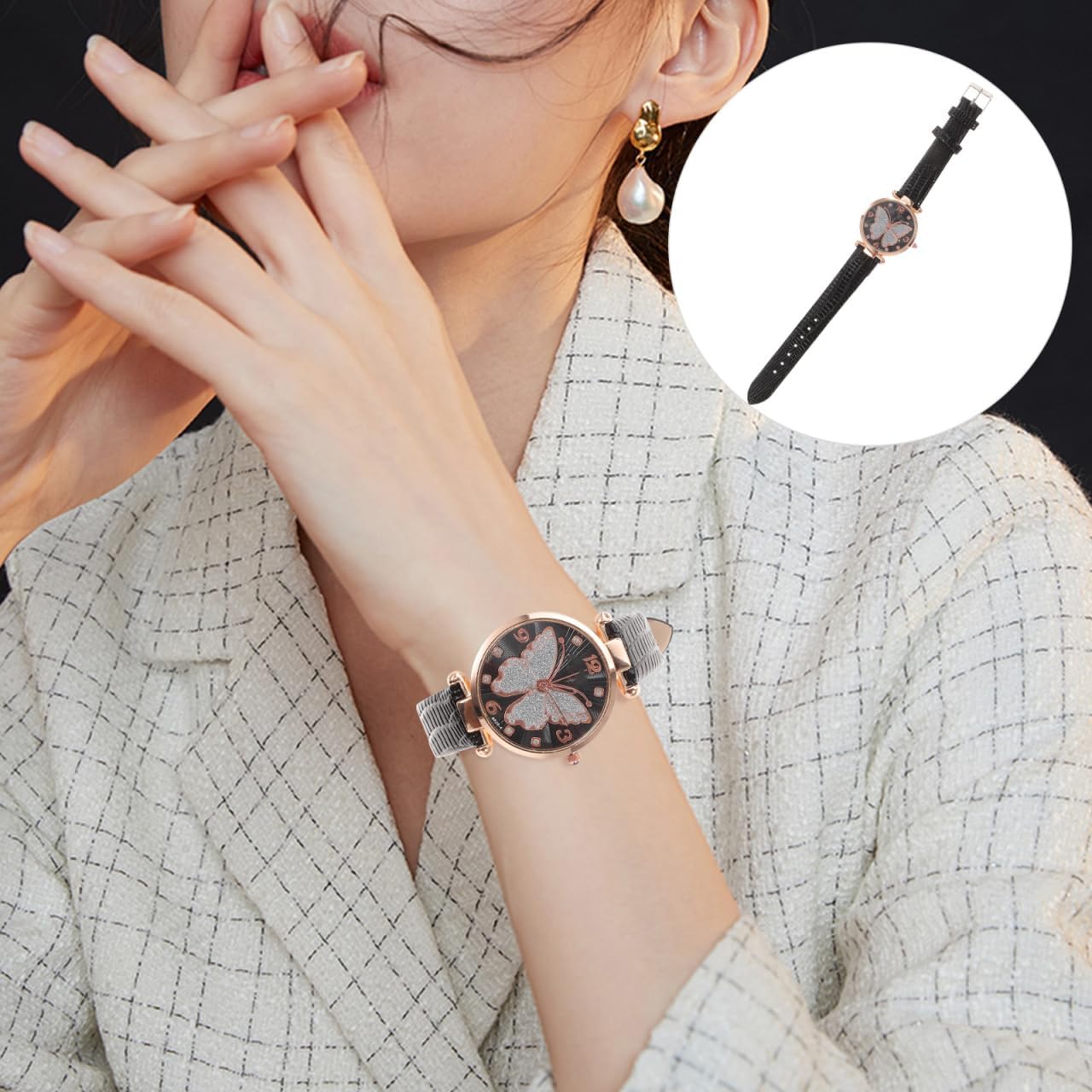 Generic Stylish Wrist Watch for Women Glitter Butterfly Dial Lightweight Casual Ladies Watch 9.44 Inch Quartz Timepiece for Everyday Fashion - Image 3
