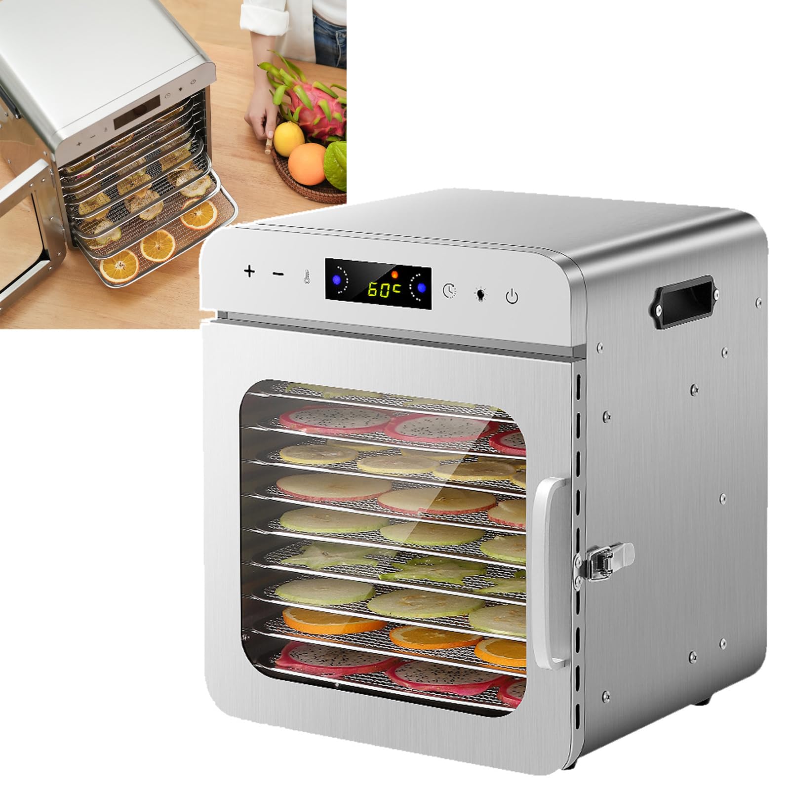 Deshidratador de alimentos de 10 capas, control de temperatura de 30 ° -90 °, secador de frutas, secadora de verduras, temporizador ajustable para frutas, verduras, carne, golosinas para mascotas,