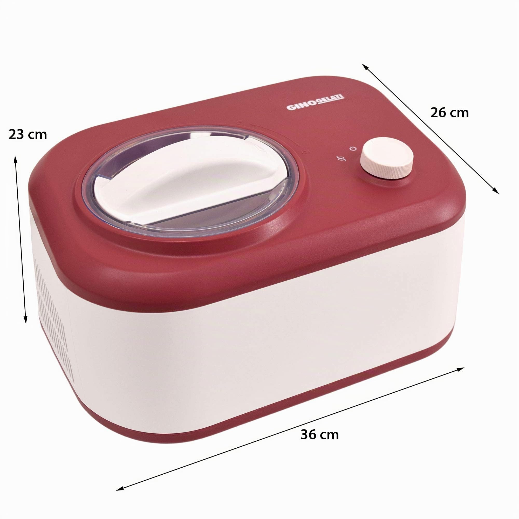 Gino Gelati Eismaschine mit Kompressor Polari Eiscreme Maschine Eisbereiter, 1 Liter, leichte Reinigung, Weiß/Rotes Design, 100 Watt Leistung, 8 Kg Gewicht