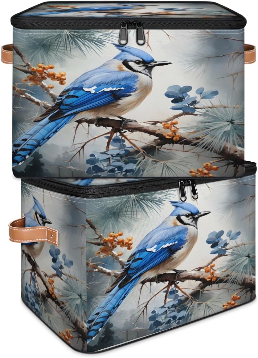 Storage Bin Set of 2 Bird Branch Storage Basket with Zipper Lid & Handle Foldable Closet Shelf 2 Pack Cloth Organizer Basket Cube Bins Clothes Organizer for Bedroom, Nursery