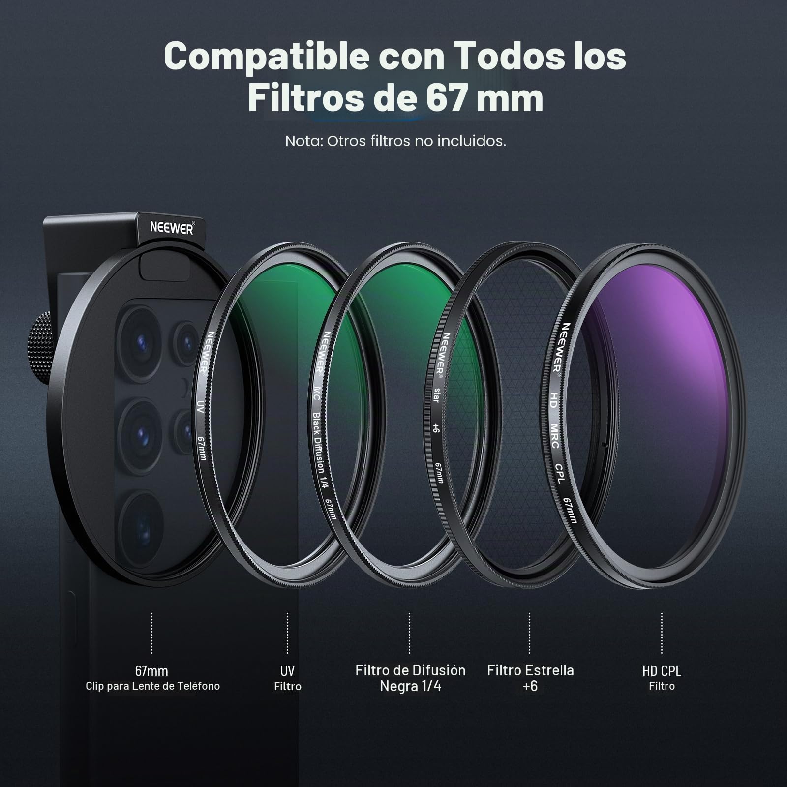 NEEWER Filtro CPL de 67 mm para teléfono, Filtro polarizador HD de 67 mm y Clip de teléfono de Zapata fría, Incluye Bolsa de Transporte y paño de Limpieza de Lentes, Compatible con Galaxy S24 Series