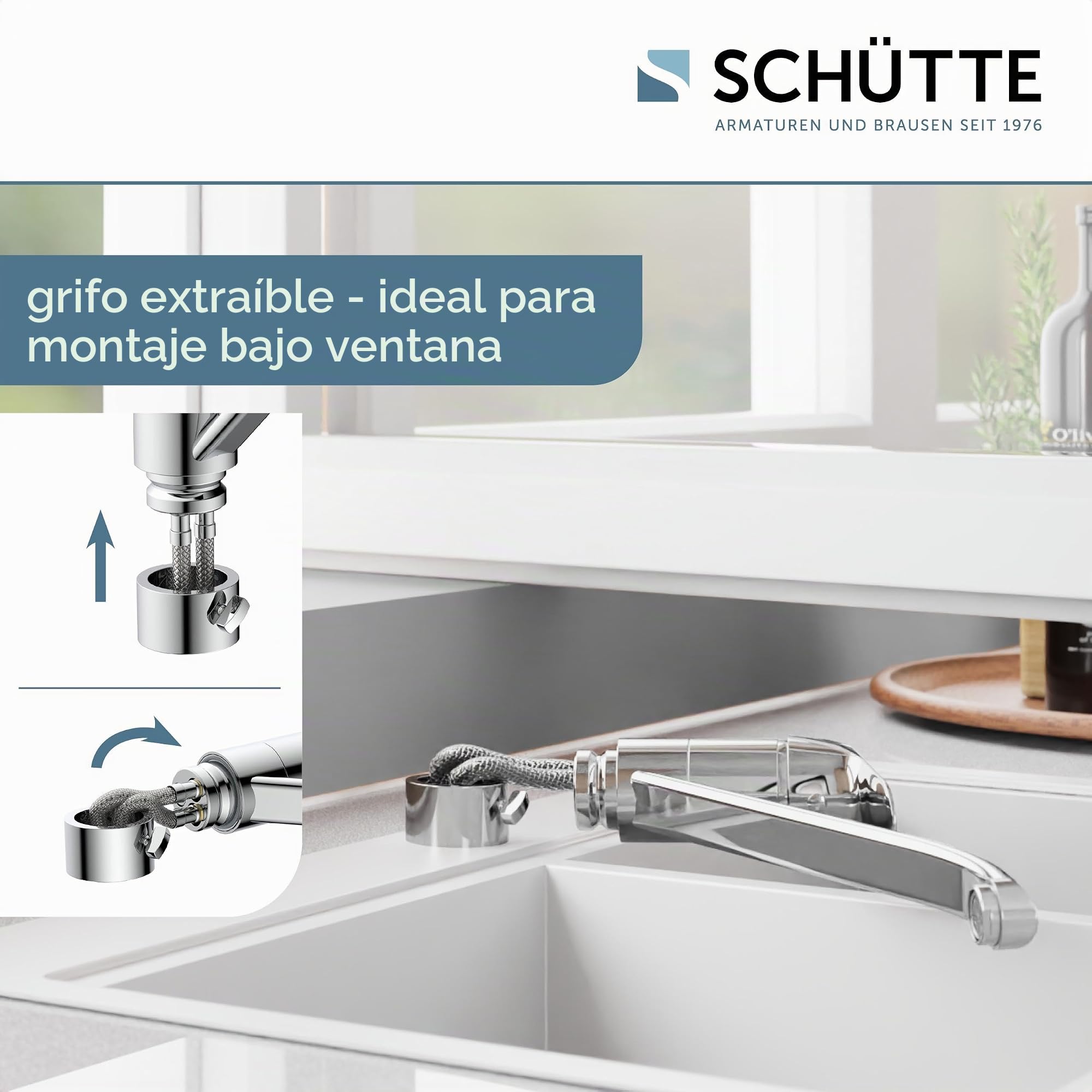 SCHÜTTE LUCA MB35210 - Grifo de cocina extraíble para fregadero de cocina, grifo mezclador para debajo de la ventana, grifo de cocina para el fregadero de la ventana, mangueras flexibles, cromo