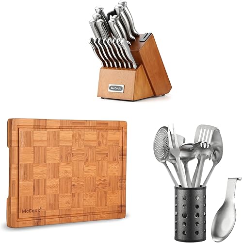MC69W - Juego de 20 cuchillos alemanes de acero inoxidable con afilador integrado + tabla de cortar de bambú MCW12 (pequeña, 14 x 10 x 0.8 pulgadas)
