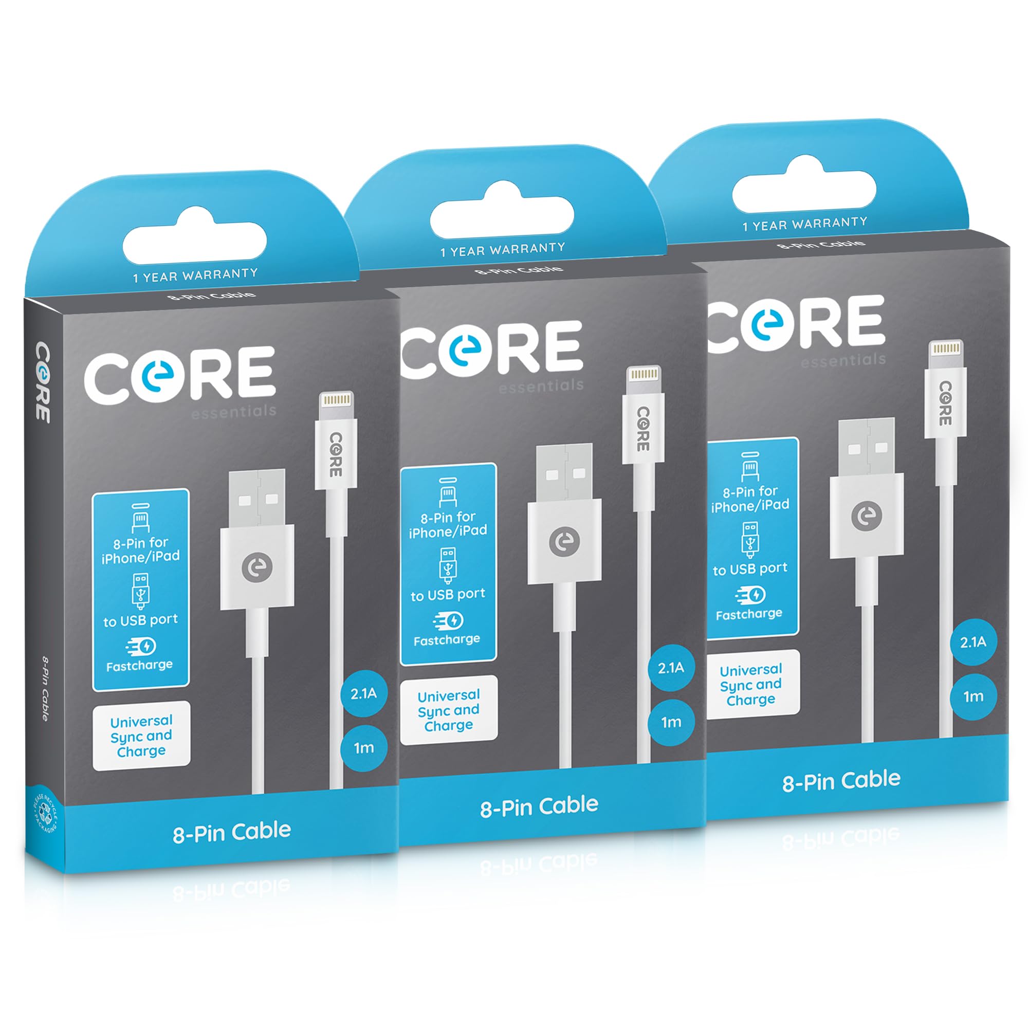 CORE ESSENTIALS | 1M 3 PACK Length 8-Pin to USB iPhone Charger Cable | Fast Charging | Compatible with iPhone, iPad, Airpods + Pro Max, Mini, Plus | iPhone 13, 14, 12, 11, 10, SE & All Models 5+