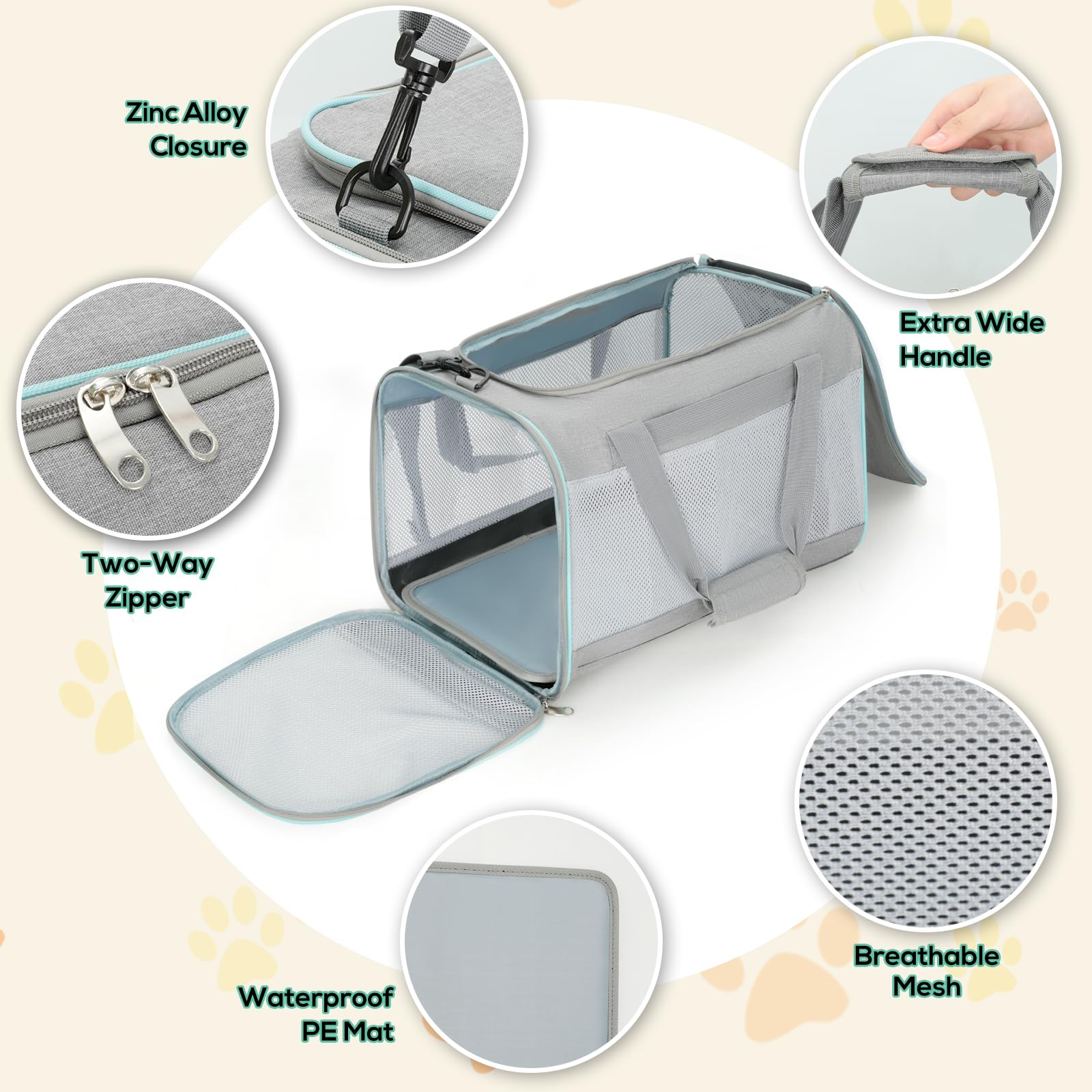 Cozary Trasportino Portatile per Gatto Cani Piccoli Pieghevole Leggero con Cuscino Tracolla Regolabile e Borsa Laterale Trasportino Rigido per Auto (45x30x30cm, Grigio)