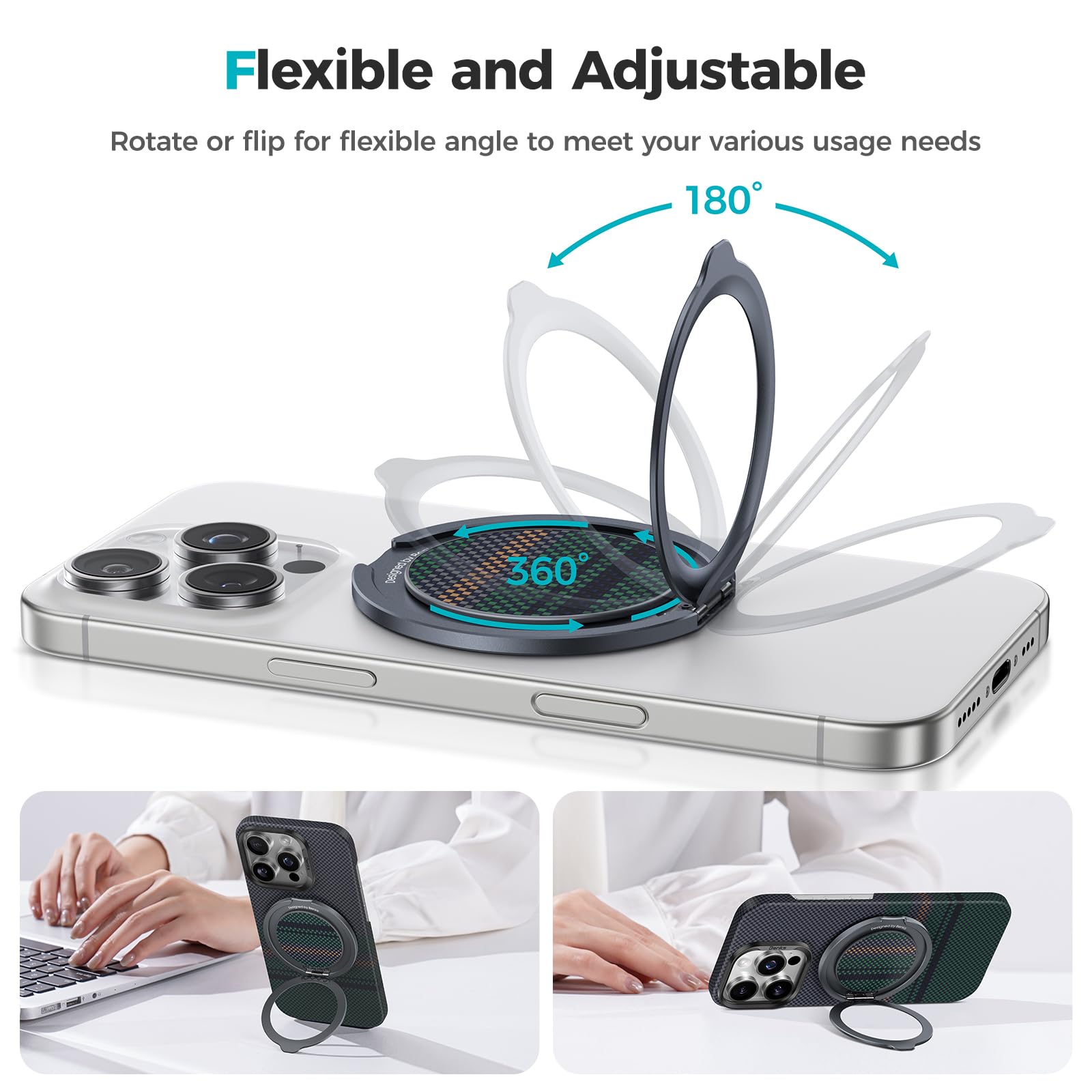 BENKS Magnetyczny pierścień do telefonu kompatybilny z MagSafe, stojak i uchwyt 2 w 1, obrót 360°, uchwyt 180°, pierścień kevlarowy z paskiem, ergonomiczny uchwyt do iPhone'a 17/16/15/14/13/12 Pro Max