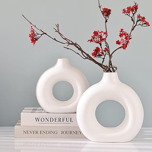 Miniatura 7 de Jarrón circular blanco con agujero, moderno jarrón de cerámica hueca de hierba de pampa, jarrones de mesa de granja para decoración del hogar,