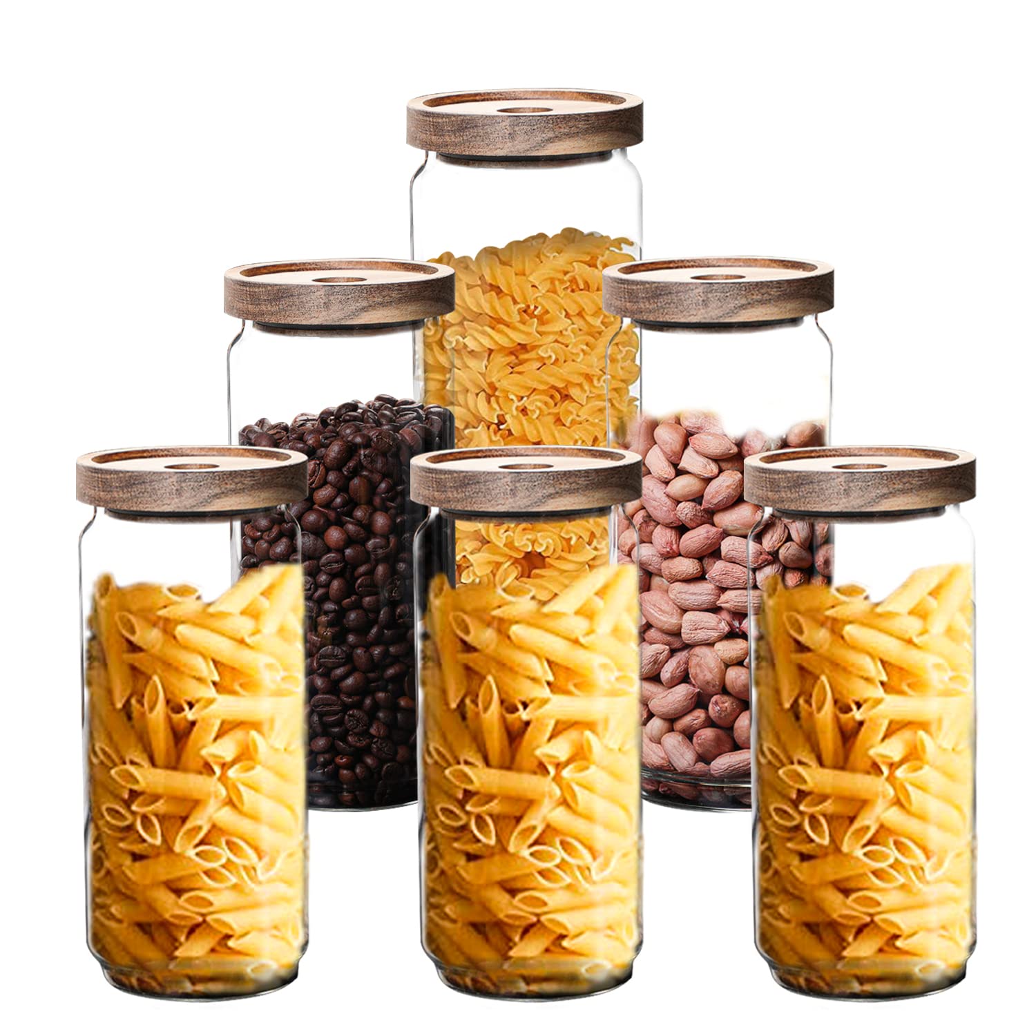 Glass Storage Jars with Acacia Wood Lids -Set of 3 Transparent Borosilicate Airtight Glass Container, Stackable for Storing Kitchen Food, Grains, Coffee Beans, Tea (6pcs,1000ml)