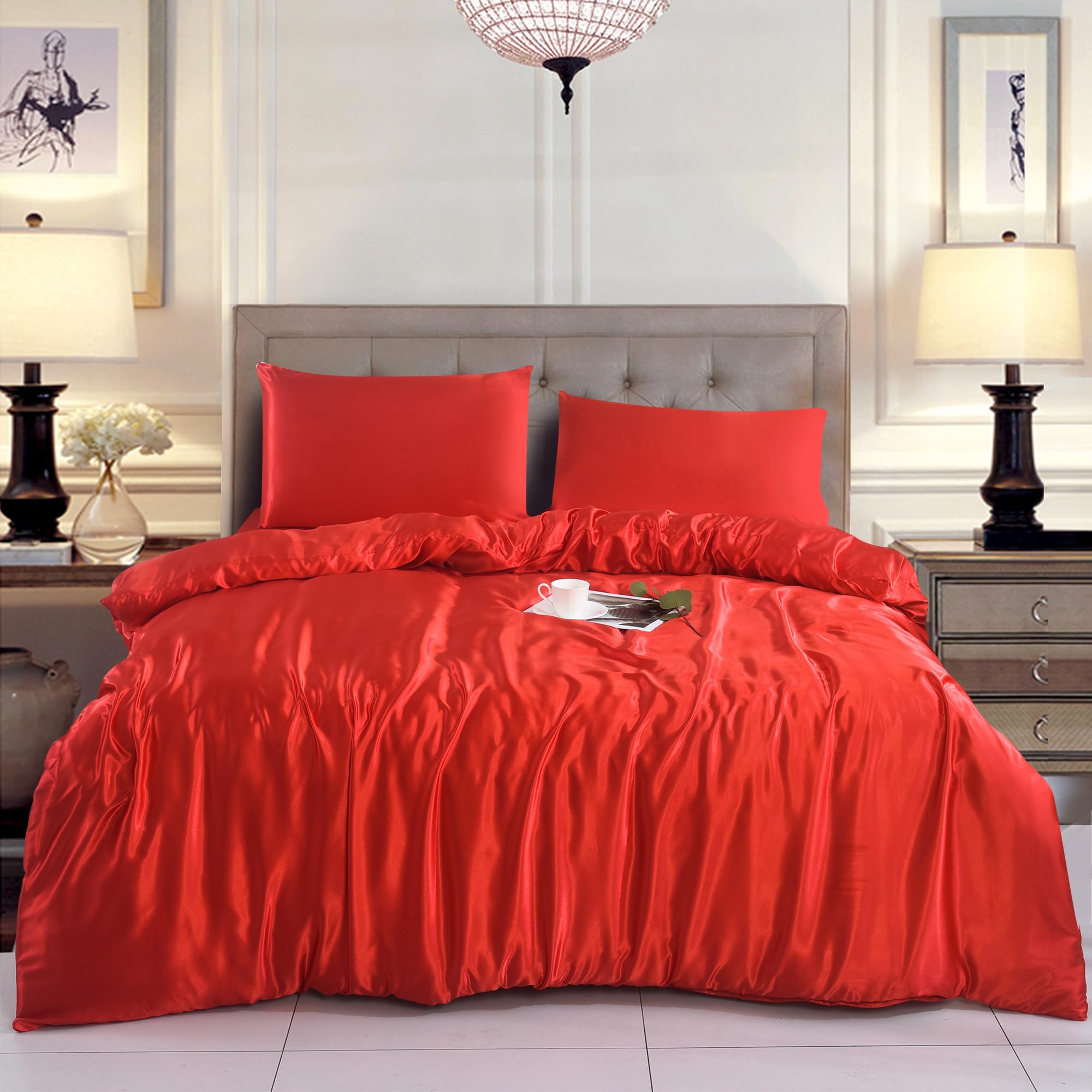 SAIMAZ Luxury Satin Duvet Cover Set with 2 Pillowcases – Silky Soft Bedding Set – Shiny Double Bed Linen – Wrinkle-Free & Elegant Bedroom Decor (RED, King (U.K. Standard))
