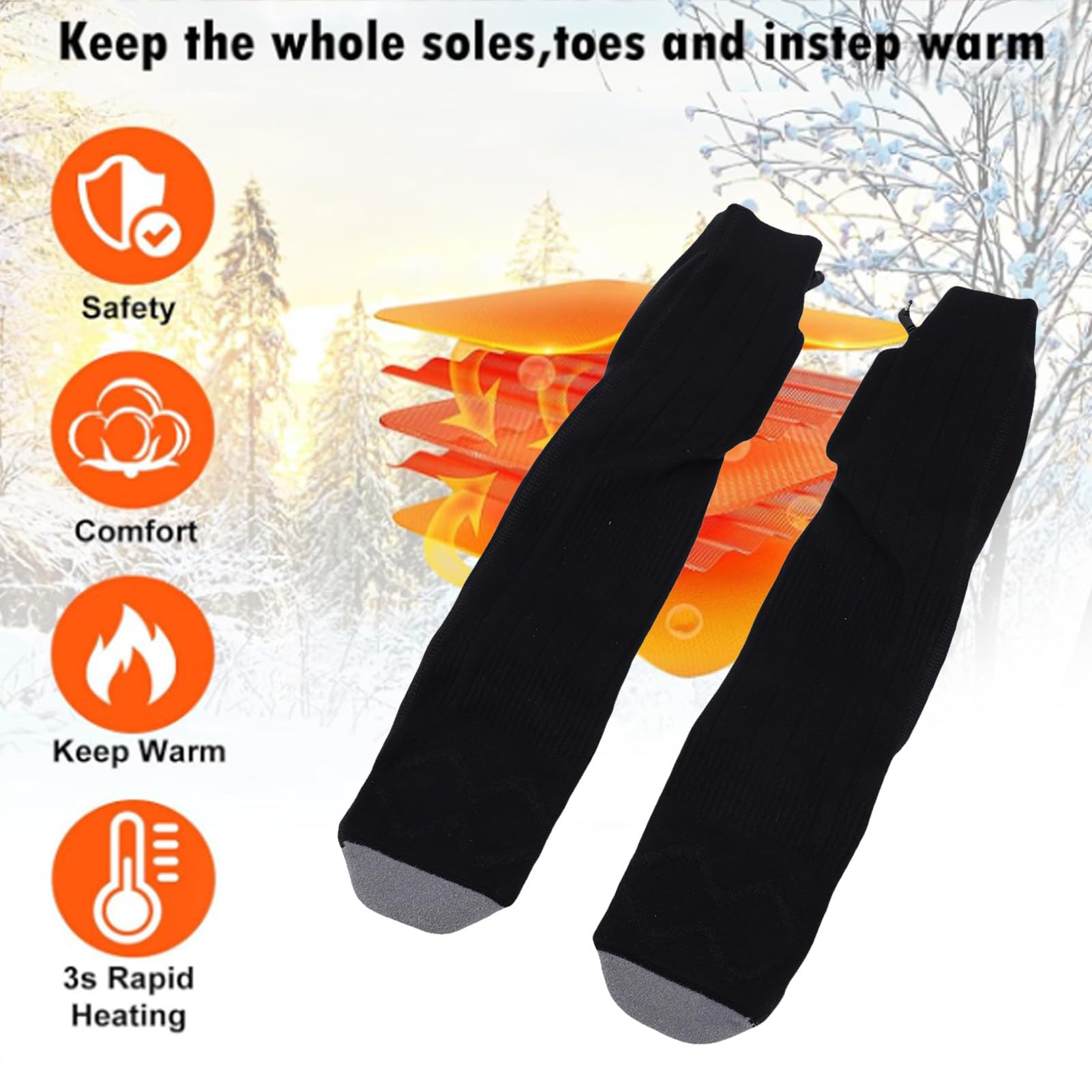 Chaussettes Chauffantes Rechargeables Niveaux de Chauffage Réglables pour Le Ski Camping Pêche équitation Noir