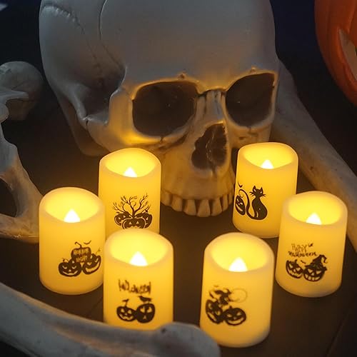 Miniatura 2 de CANDLE CHOICE Velas votivas sin llama que funcionan con pilas, pequeñas luces LED eléctricas parpadeantes realistas con calcomanías de calabaza para