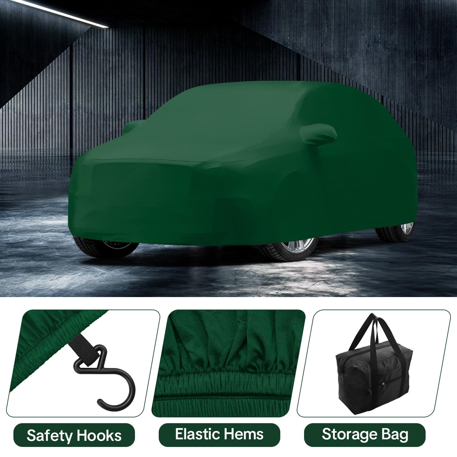 WinPower Funda Coche Interior Antipolvo Transpirable Elástica Lona Cubre Funda Protectora Completa Suave Antiarañazos Hatchback Cubierta para Garaje Exposición de Coches Verde, 3.95-4.25M, 1 Pieza