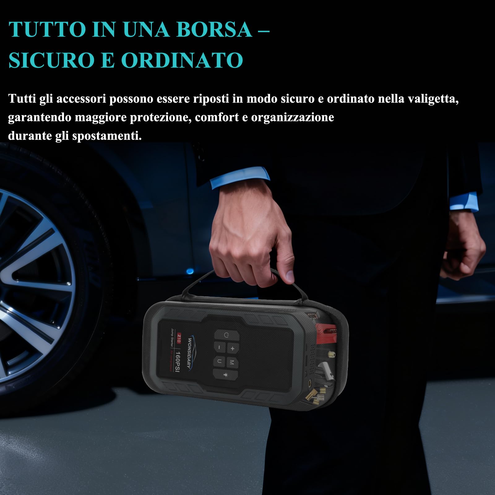 Booster Avviamento Auto 7000A con Compressore 160 PSI, 27000 mAh, Avviatore di Emergenza per Auto 12V Benzina & fino a 8.0L Diesel,600 Lumen LED, Kit di Emergenza Portatile per Viaggi