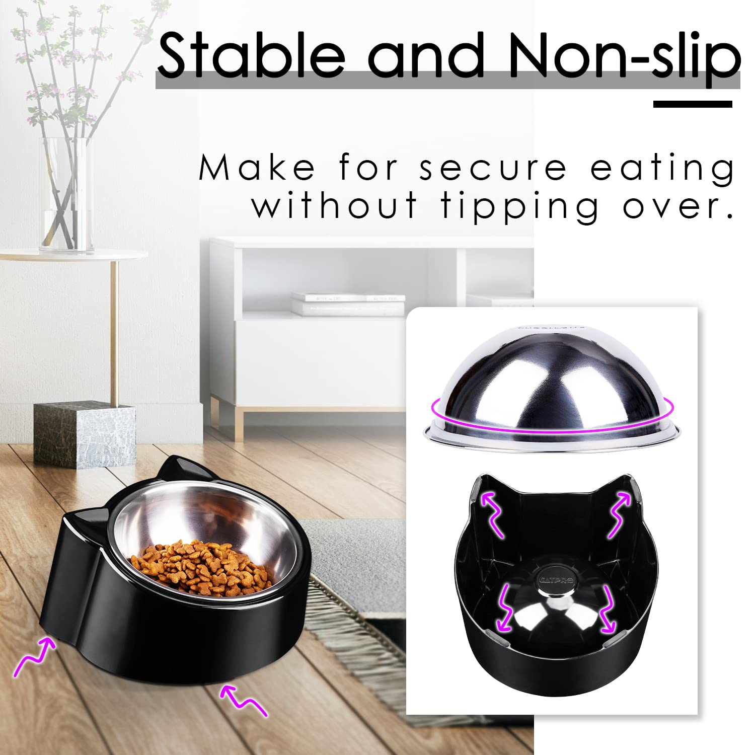 Tilted Cat Food Bowl - 15° Slanted Stainless Steel Anti-Vomit Dish With Non-Slip Base (Black) - View #5