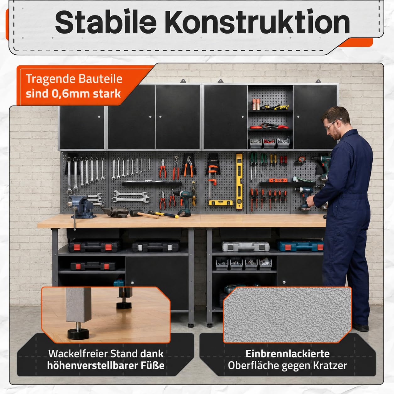 Ondis24 Werkstatteinrichtung Werkstatt Set Werkbank Fritz Hängeschrank Werkzeugwand Metall Schwarz Grau (Hängeschrank Ben & Tim, 240 cm), Buchenholzarbeitsplatte