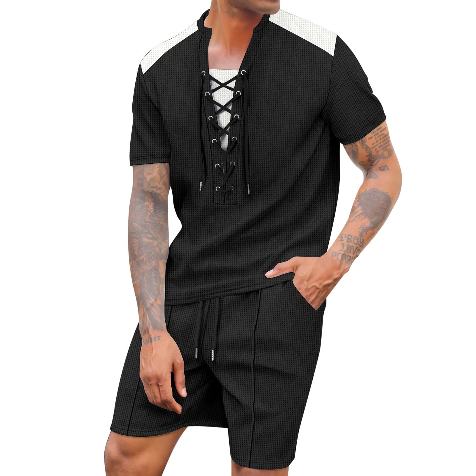 Set estivo da uomo, 2 pezzi, con lacci, maglietta e pantaloncini, a maniche corte, per il tempo libero, in maglia a nido d'ape, per la spiaggia, per la vita quotidiana