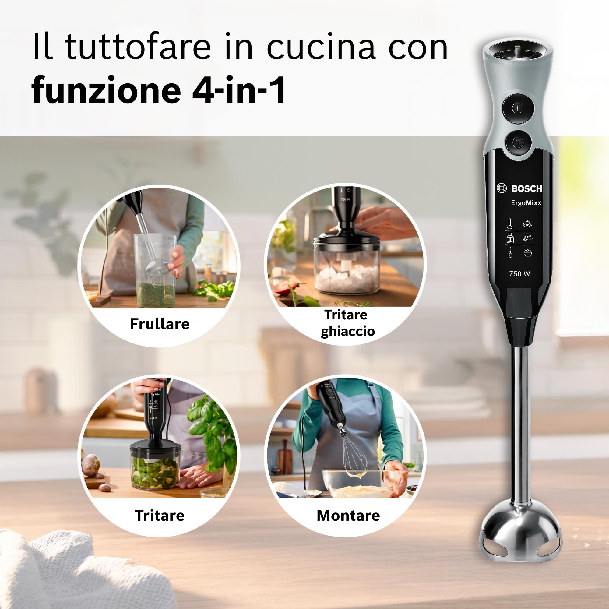 Bosch Frullatore a Immersione MSM67170, 750 W, 12 Velocità, Lama in Acciaio Inox, Impugnatura Ergonomica, Tritatutto, Lama Tritaghiaccio e Frusta Inclusi, Bicchiere Graduato, Cavo a Spirale, Nero