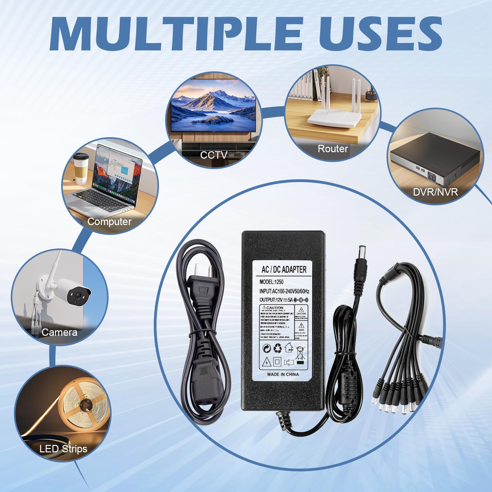Adattatore di alimentazione per telecamera di sicurezza, 12 V, 5 A, con cavo splitter di alimentazione a 8 vie, convertitore CA/CC 100-240 V per sistema di sorveglianza CCTV DVR - Spina CC da 5,5 x