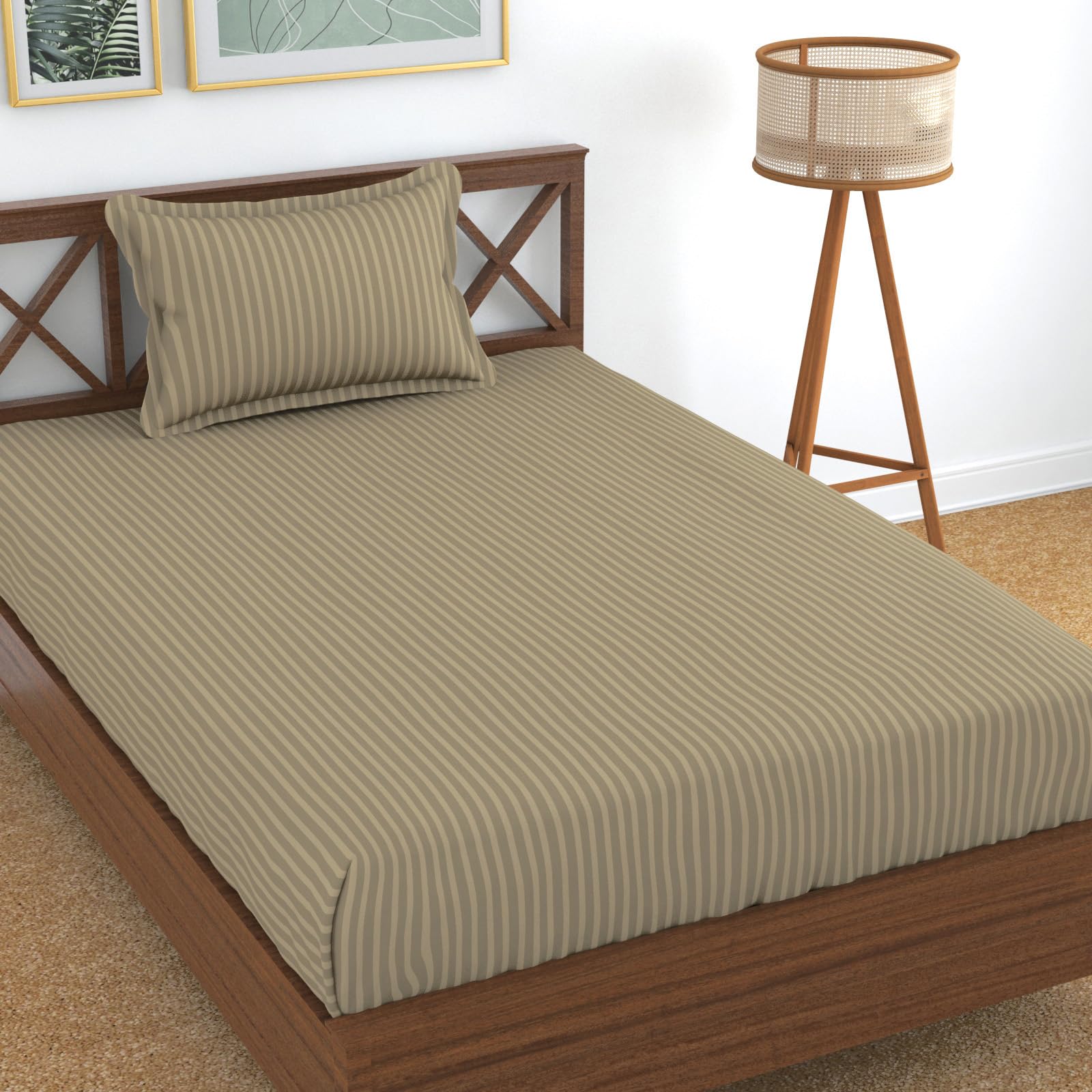 Homefab India 160 TC Stripe Glace Cotton Single BedSheet with 1 Pillow Cover - Beige-image-6