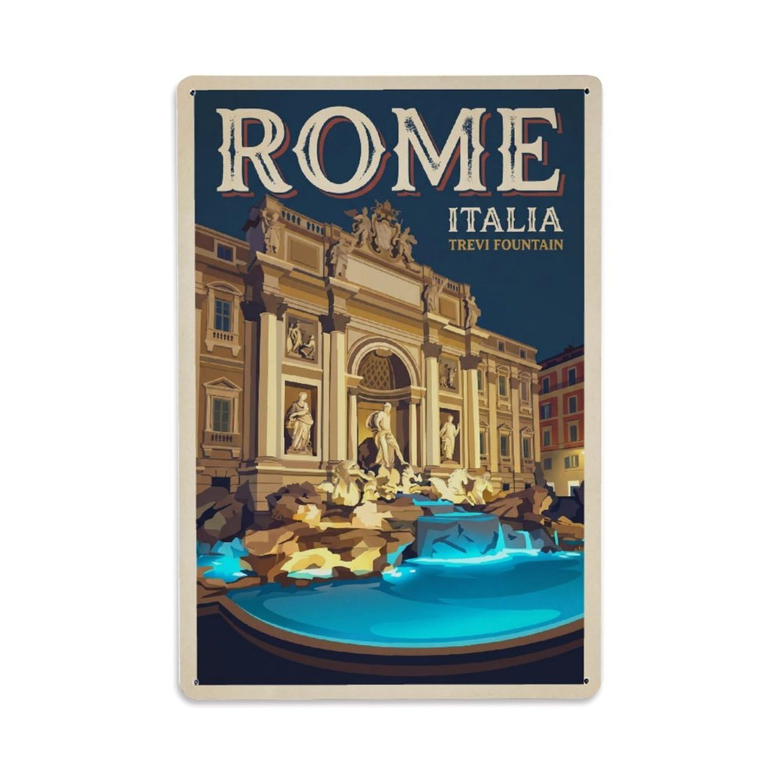 Vintage Travel Rome Trevi Fountain Night Illuminated Italy Metal Tin Sign Plaque Wall Decor for Cafe, Club Bar, Office, Home Garden Metal Poster 8x12Inch