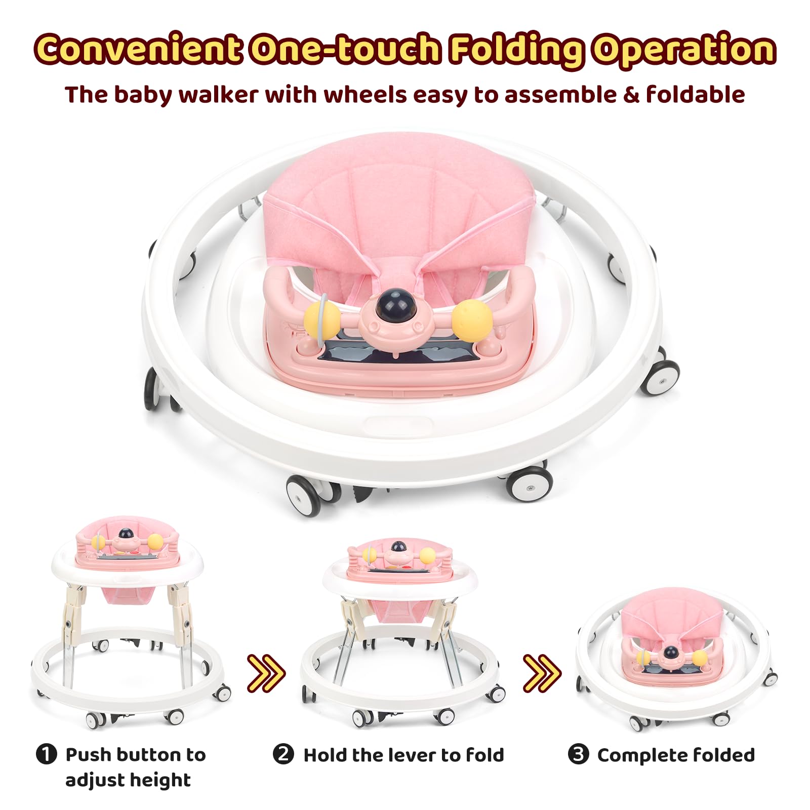 Baby Walker, Foldable Multi-Function Anti-Rollover Walker with Music Tray & Light, 7 Level Height Adjustable, Baby Walkers for 1 Year Olds Suitable for All Terrains (Pink) - 4