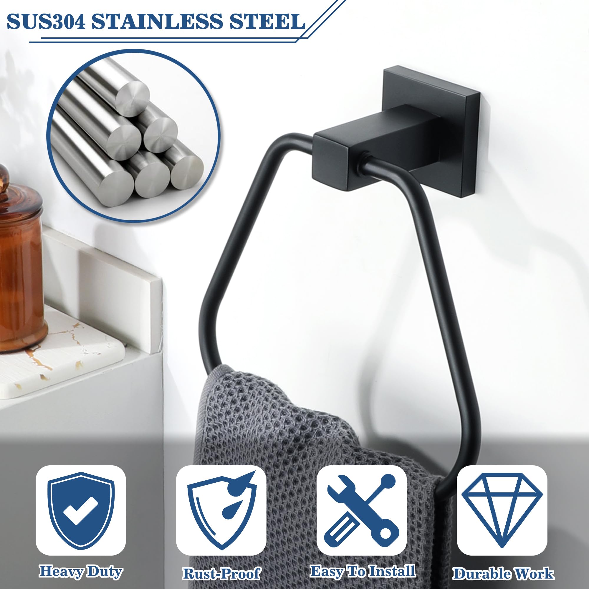 Alise Soporte para toallas de mano de baño, toallero, barra de toalla de montaje en pared, GKL7009-B SUS304, acero inoxidable, negro mate