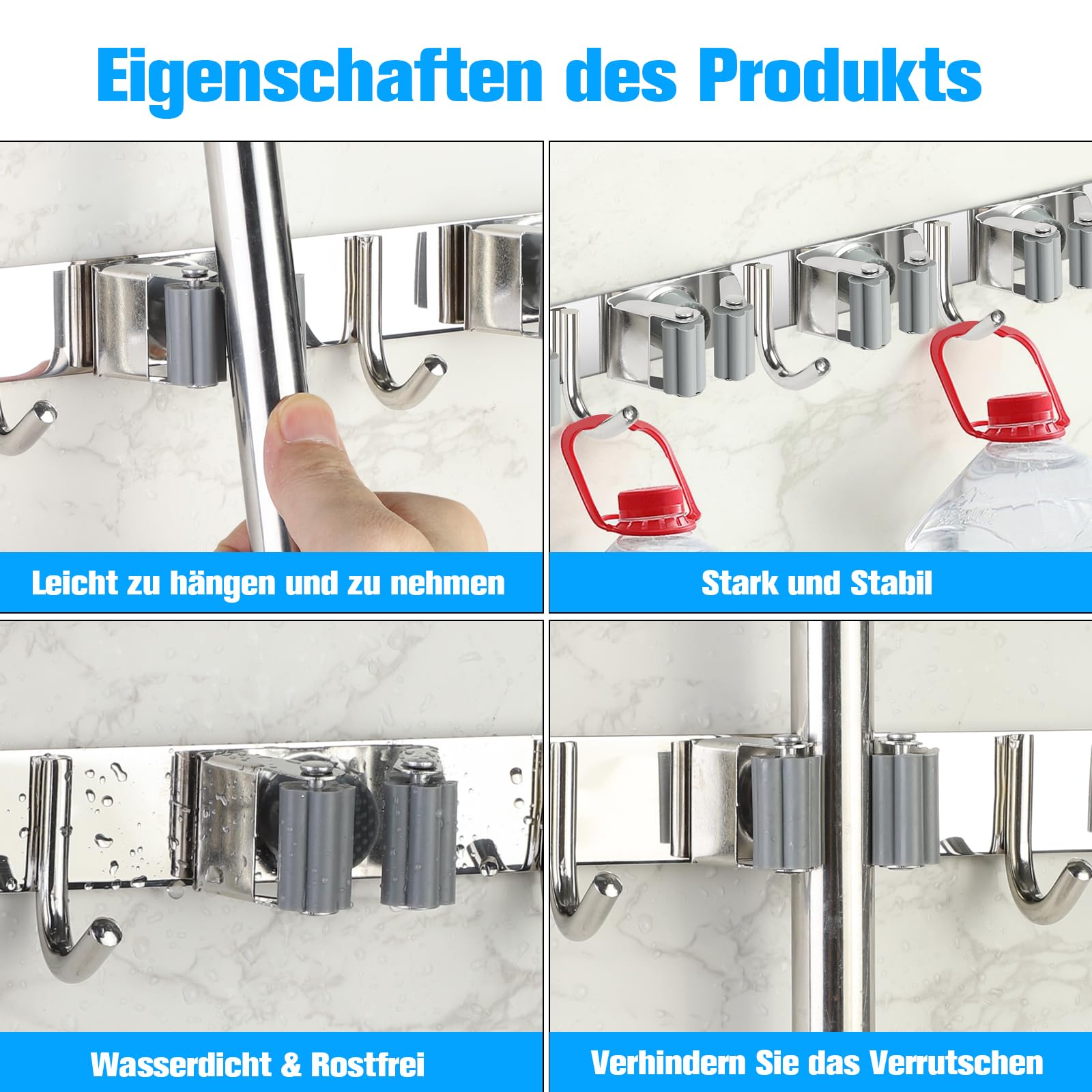Porta Scope In Acciaio Inox, Appendi Scope con Ganci per Cucina, Bagno, Garage