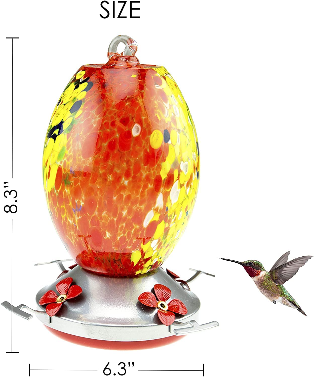 CLEVER GARDEN Karmnik dla kolibrów z okoniem, ręcznie dmuchane płaskie szkło w kolorze czerwonym, 27 uncji płynu, pojemność nektaru z wiszącymi metalowymi drutami i haczykiem na mrówki