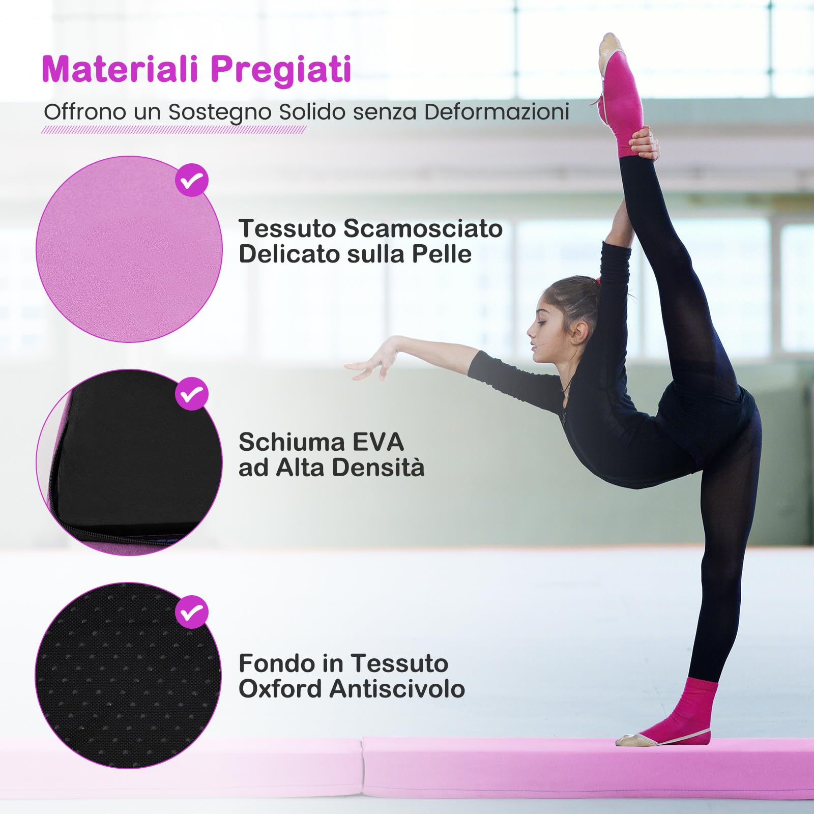 COSTWAY Trave Ginnastica per Bambini per Casa 210 cm, Trave di Equilibrio Pieghevole e Portatile con Manici, Copertura in Suede Rimovibile e Fondo Antiscivolo