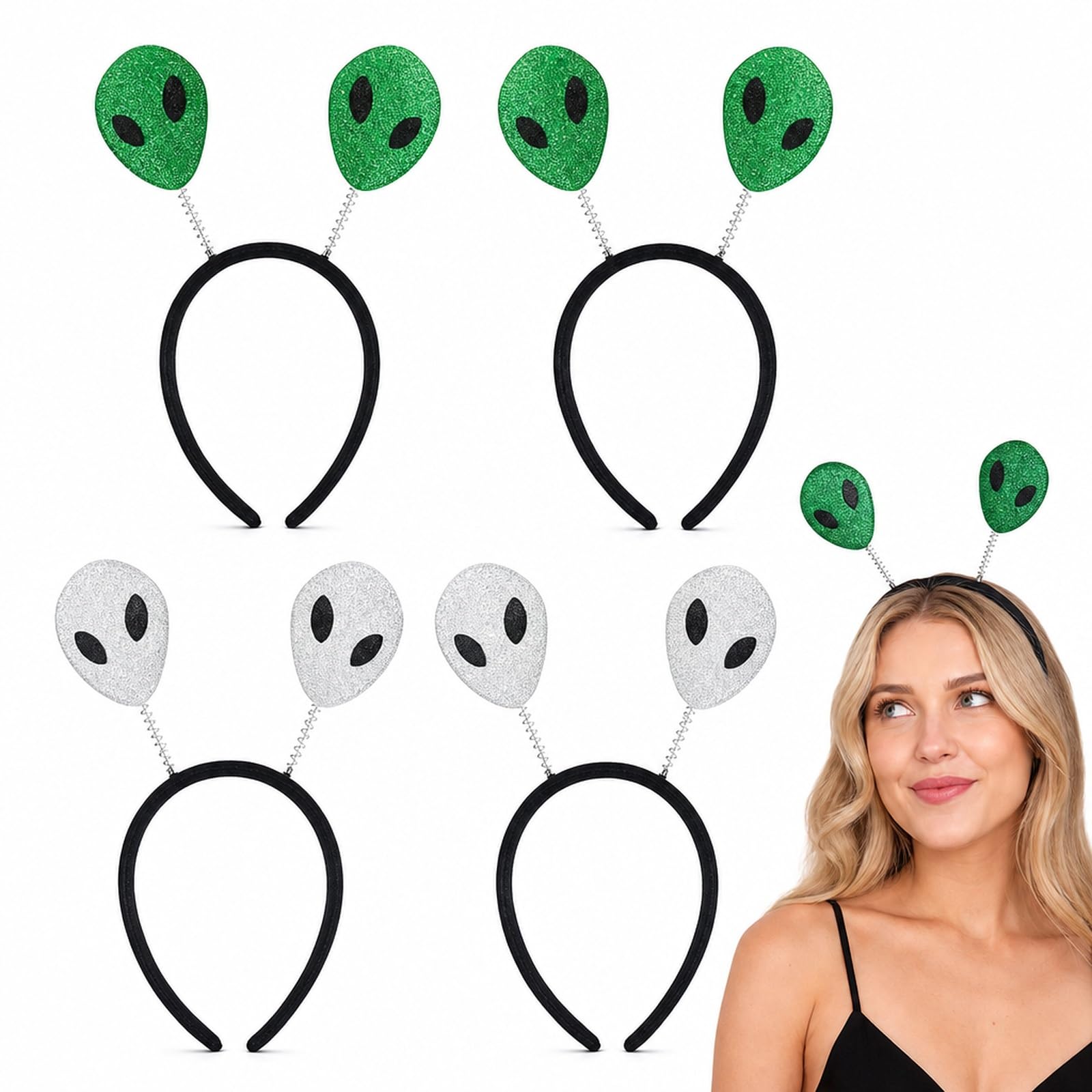MAUDFEK 4 PCS Alien Headband, Space Headband for Themed Events, Green and Silver Antenna Headwear for Cosplay Parties, Halloween Celebrations, Group Costume Activities