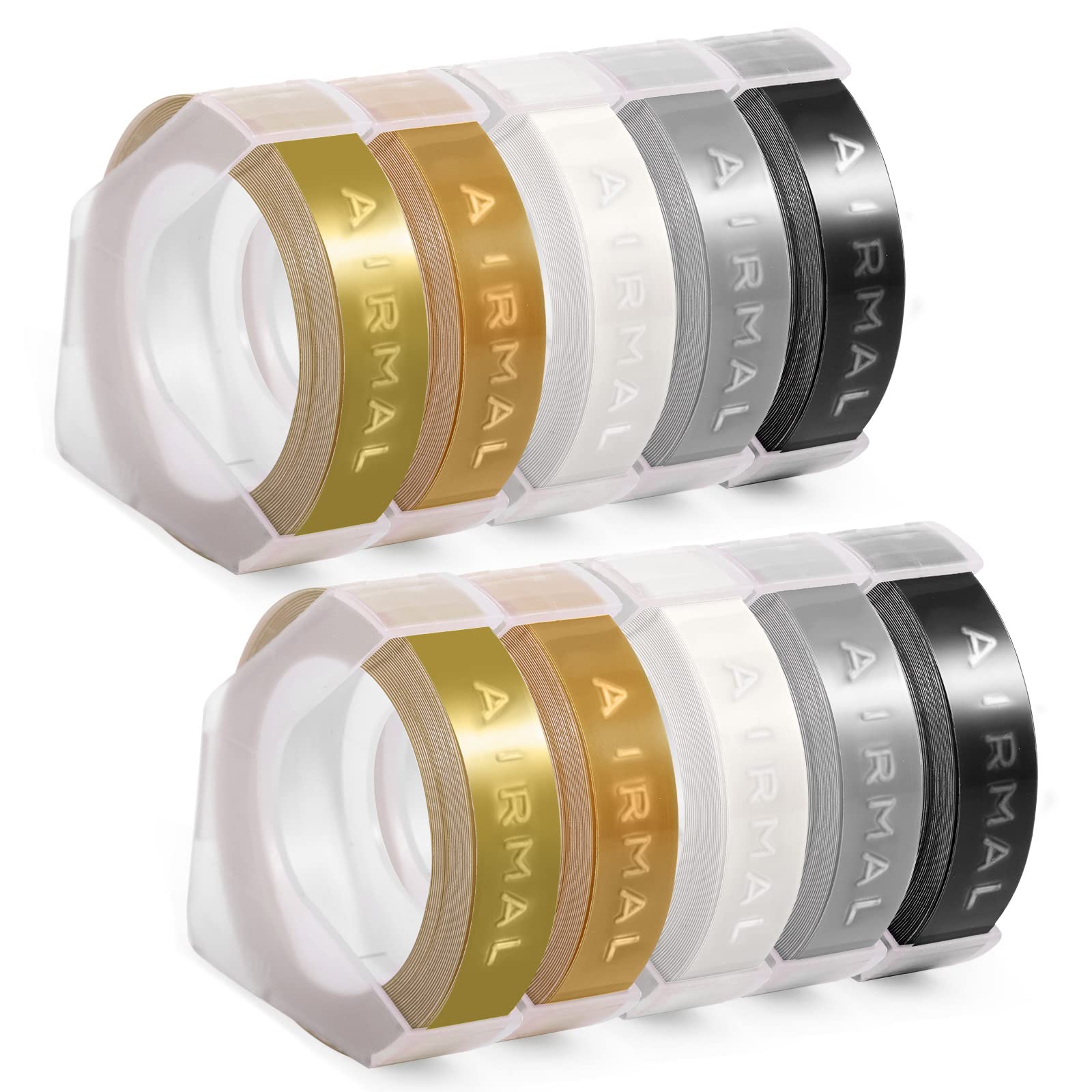 Airmall 10x Compatible Omega Label Tape for Embossing Tape 9mm, 3D Labels Black Transparent Gold Silver Champagne Gold for Omega S0717930 Junior S0717900 E-101 E-303