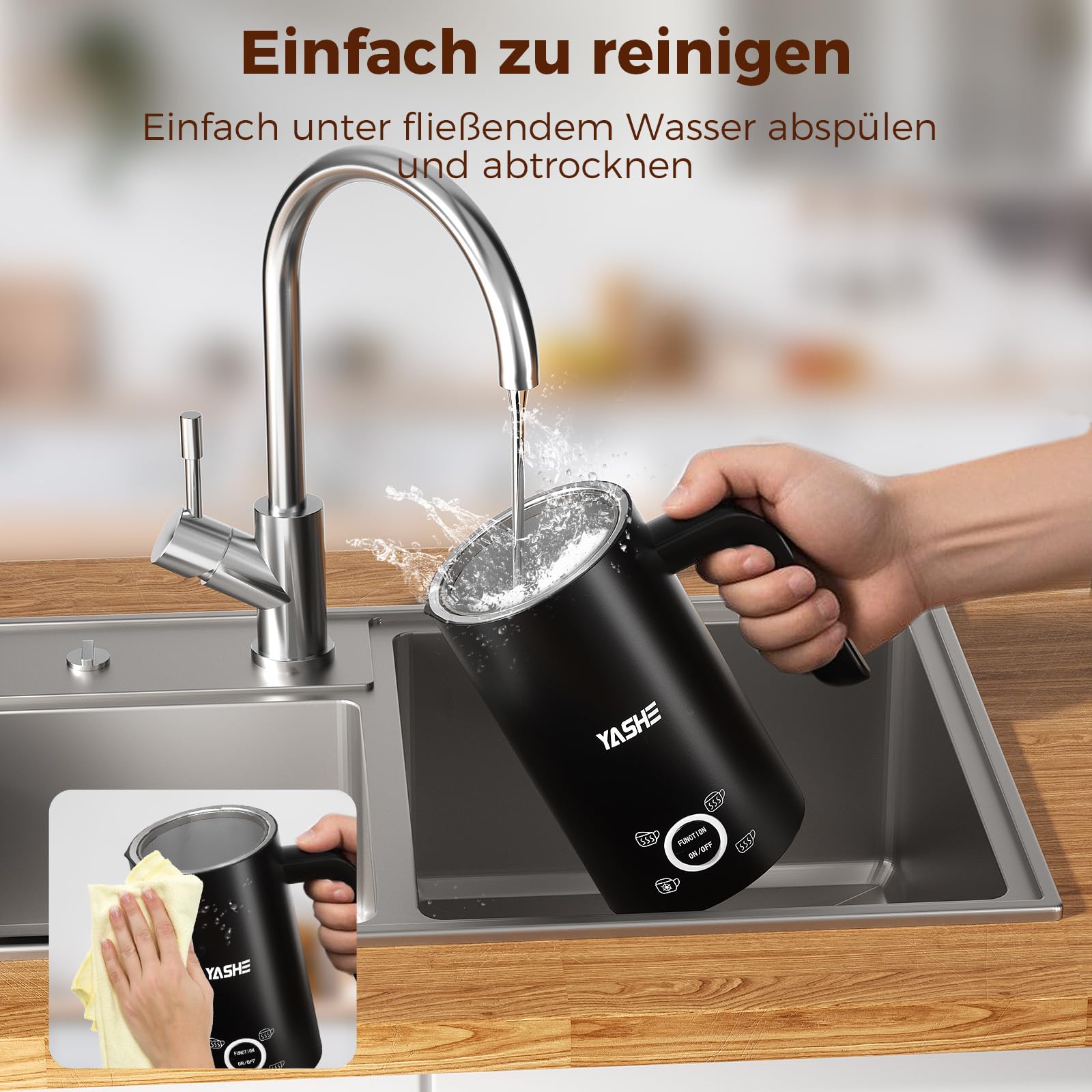 YASHE 4-IN-1 Edelstahl Milchaufschäumer, 10oz/300ml Milchschäumer für Perfekte Lattes, Cappuccinos, Macchiato & Heiße Schokolade, Schnell & Einfach zu Reinigen, mit Dichtem Samtigem Schaum