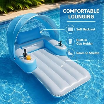 Motorized Pool Float, Folding Motorized Pool Lounger with Canopy, 300Ibs Load Bearing, 360° Rotatable Electric Propeller, Adults Inflatable Recliner for Party Lake, Summer Water