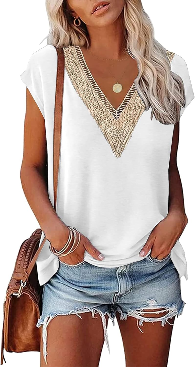 Womens Cap Sleeve Summer Tops 2024 Trendy Tank Tops Lace V Neck Loose Fit Shirts Womens Cap Sleeve Summer Tops 2024 Trendy Tank Tops Lace V Neck Loose Fit Shirts