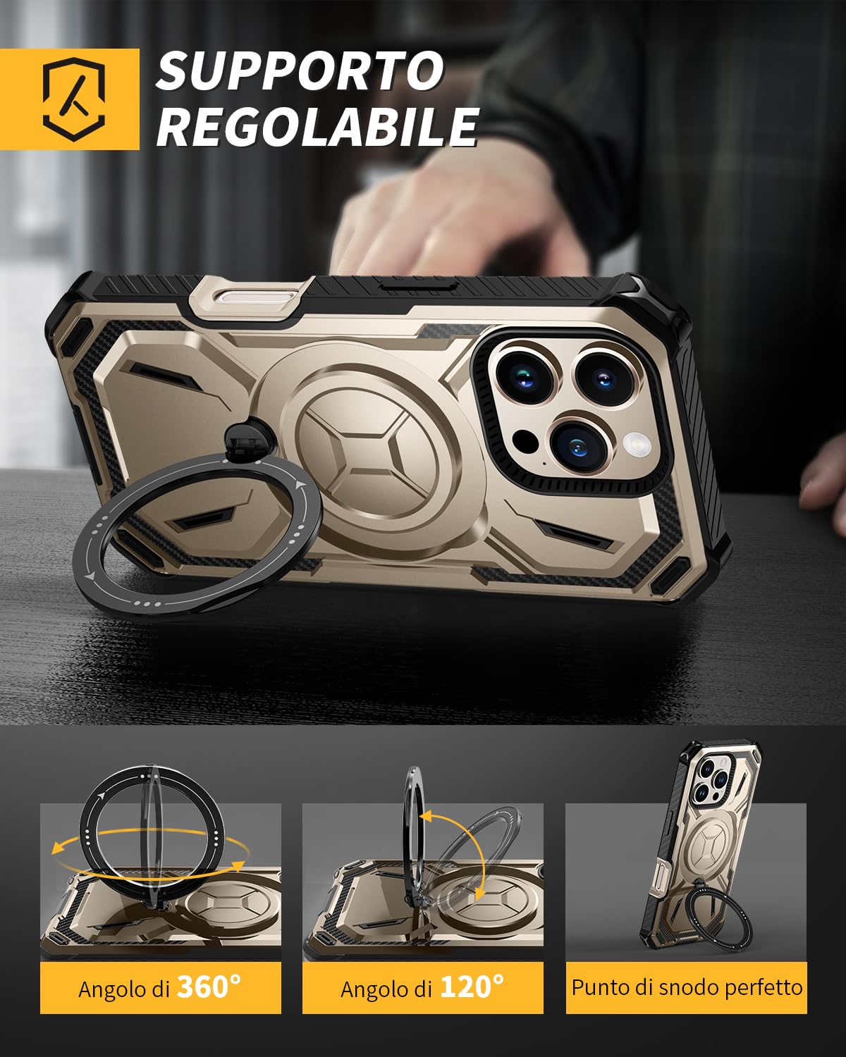 Lanhiem Cover per iPhone 16 Pro Max con 2 Pezzi Vetro Temperato, 14FT Antiurto Anticaduta Militare,Supporto Magnetico Anello a 360° Protezione Armor Protezione, Custodia per iPhone 16 Pro Max, Oro