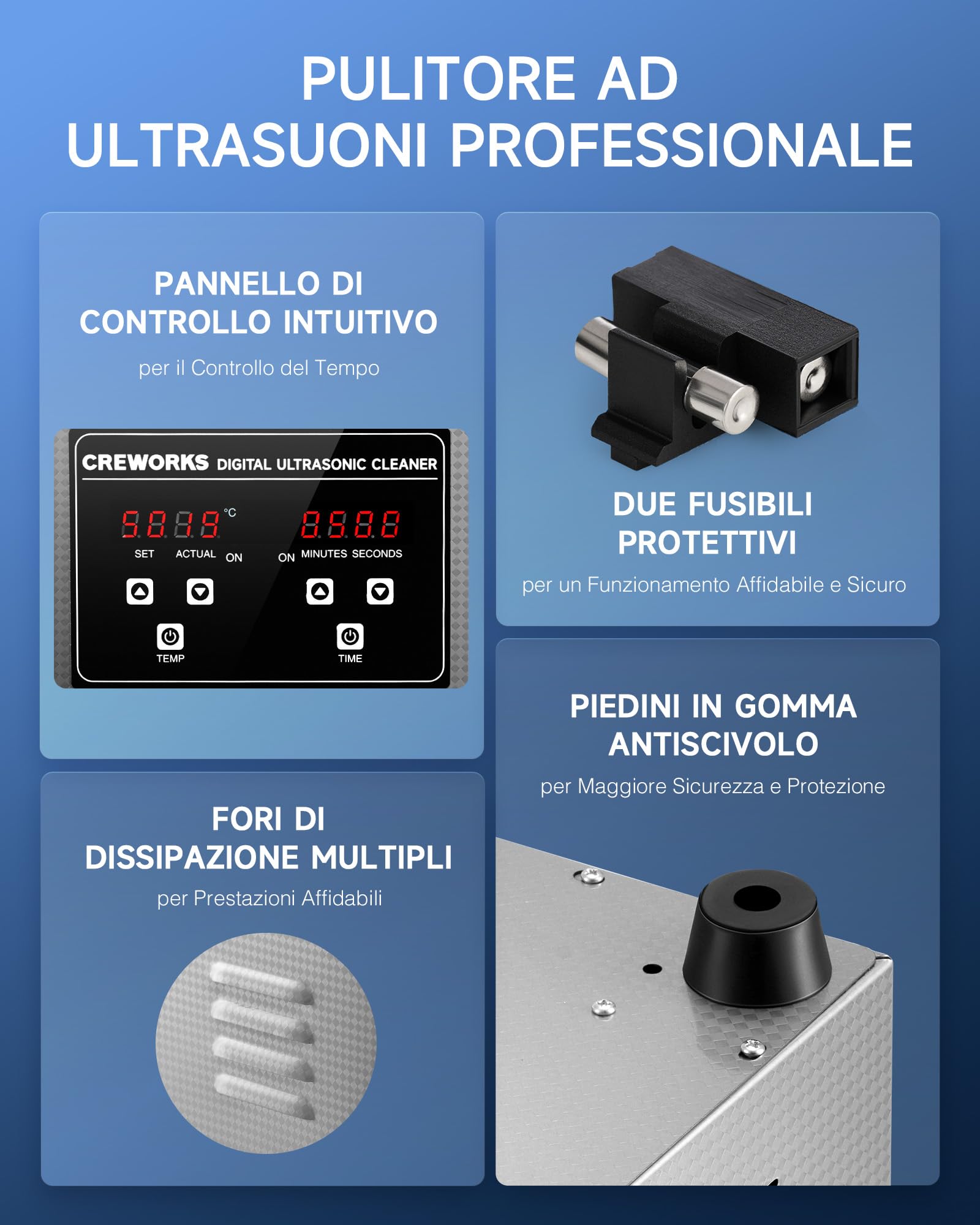 Pulitore Ultrasuoni Industriale 1L 50W Acciaio Inossidabile con Riscaldatore Timer Digitale