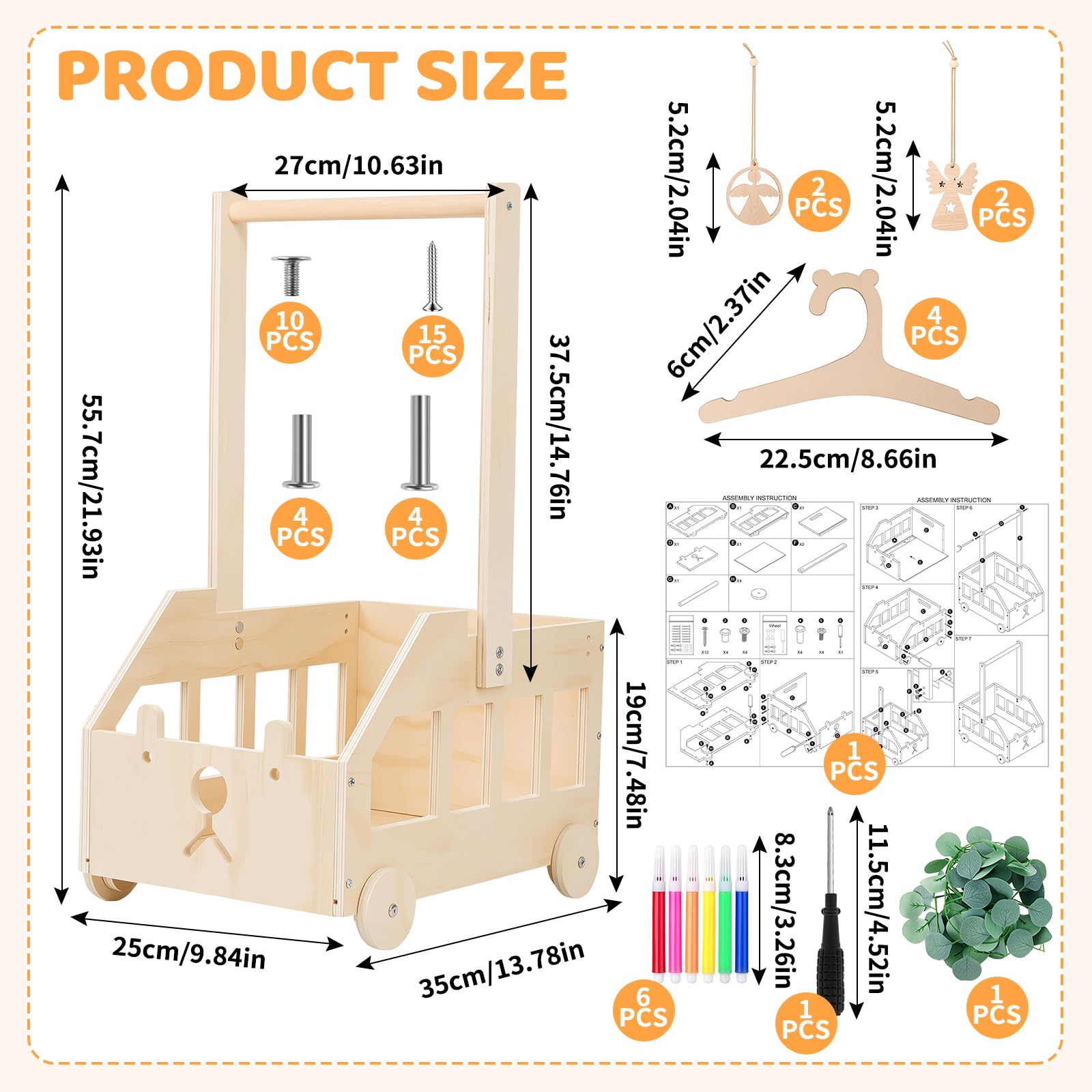 Cesto Nascita Bimbo in Legno con Ruote, Maniglia e 5 Grucce, Cesto Regalo Organizzatore per Prodotti Neonato, Idea Regalo Nascita e Regalo Baby Shower, Design Orsetto per Cameretta