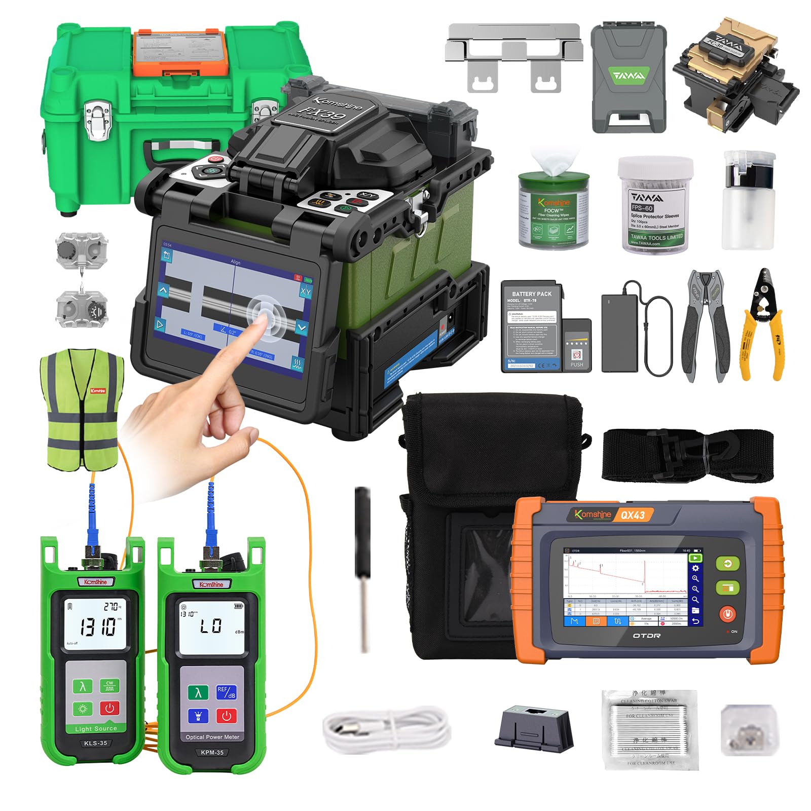 KomShine FX39 Six Motors Optical Fiber Fusion Splicer 6s Splice 16s Heat, FTTx Touch Screen 4.3 Inch OTDR SM 1310nm 26dB 1550nm 24dB Built in OPM, OLS