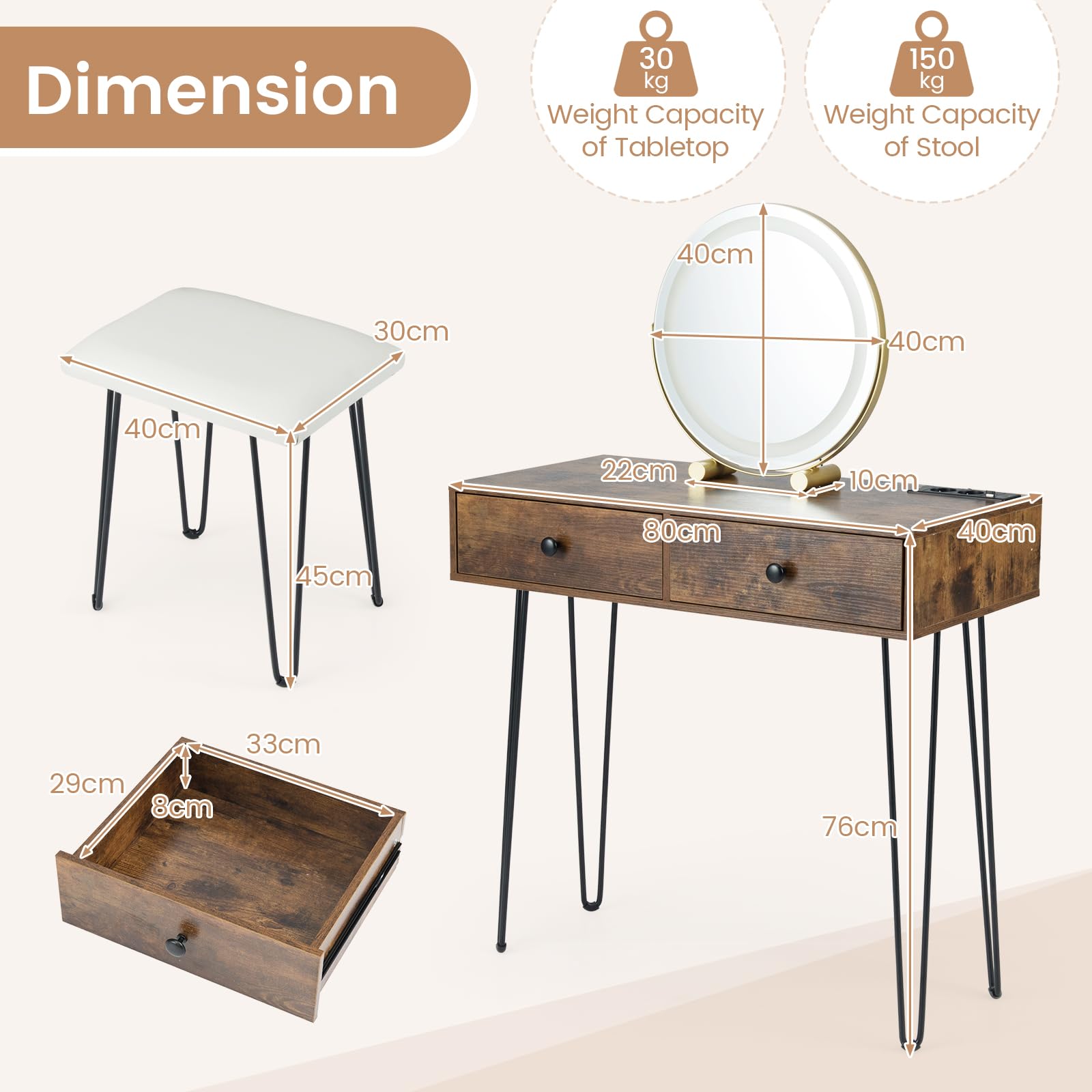 GIANTEX Schminktisch mit drehbarem Spiegel & Beleuchtung, Frisiertisch Holz mit Ladestation, 2 Schubladen & Metallfüße, Industrie Kosmetiktisch mit gepolstertem Hocker für Salon, Schlafzimmer