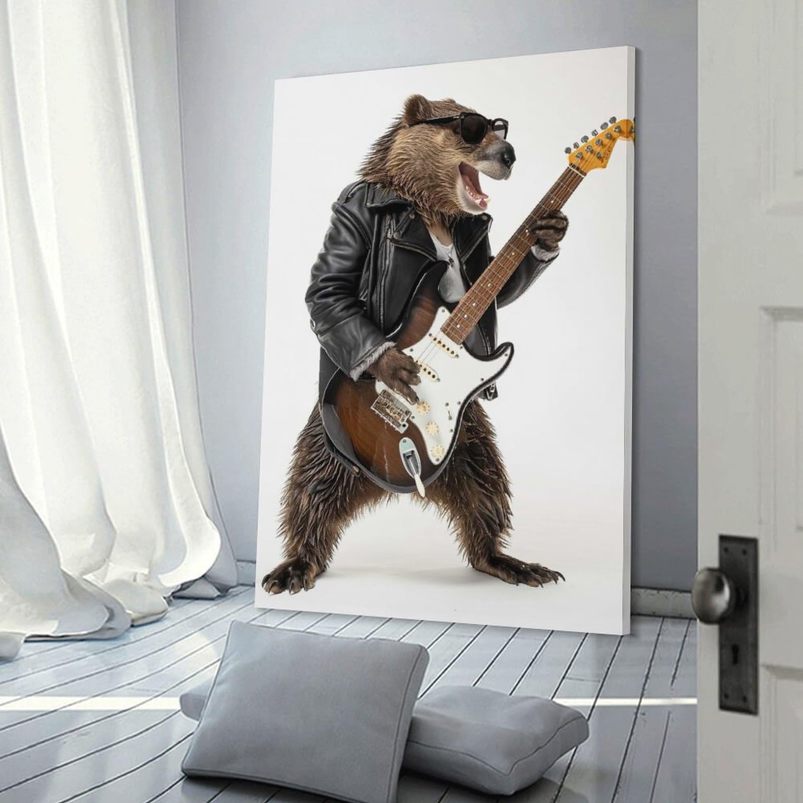Junmoney Beaver Guitar Wall Art Print 24x36inch(60x90cm), for Living Spaces, Bedrooms Or Relaxed Rooms, A Home Accent with Warm Character