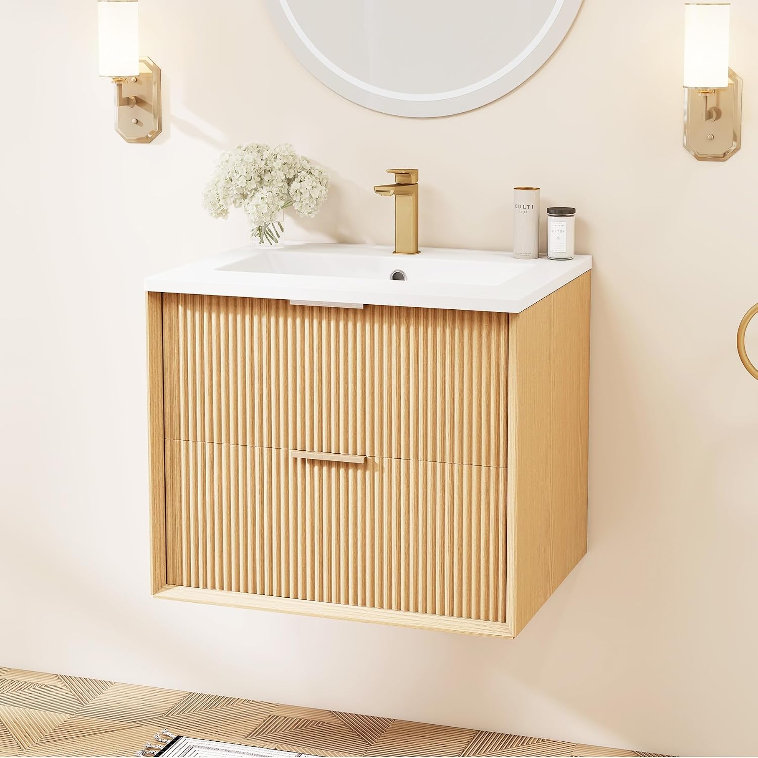 24 Inch Bathroom Vanity with Sink, Floating Wall Mounted Vanity Cabinet, Ceramic Sink with Storage Drawers, Modern Space-Saving Design for Bathrooms, Natural Wood