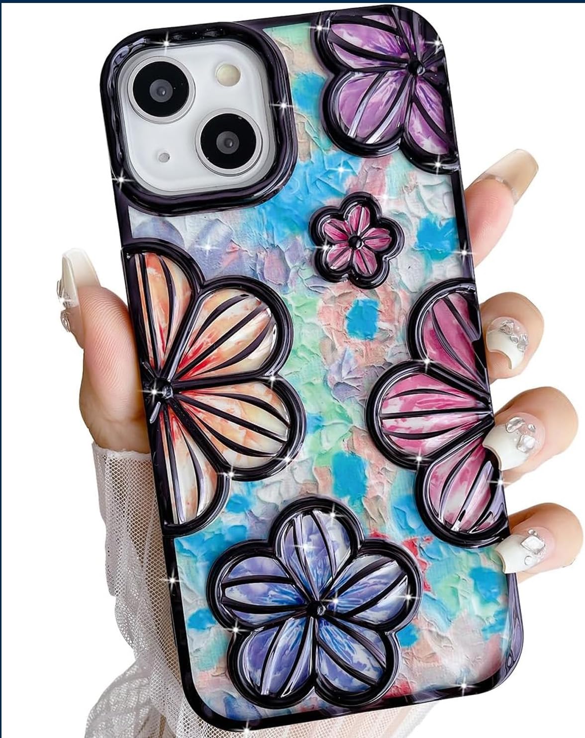 mobistyle Designed for iPhone 15 Plus Cover| Electroplating Bling Colourful Floral 3D TPU Camera Protection Back Cover Case for Women Girls (Black)