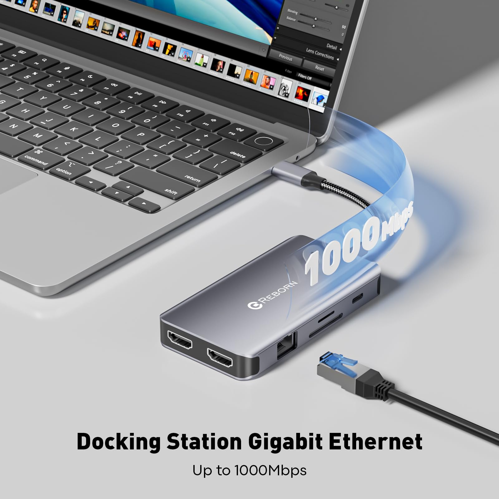 Reborn Stacja dokująca do laptopa, podwójny monitor 9 w 1, koncentrator USB C, podwójny monitor z portami 4K 2HDMI, Ethernet 1 Gb/s, USB A & C 3.0, 100 W PD, czytnik kart SD, stacja dokująca USBC do